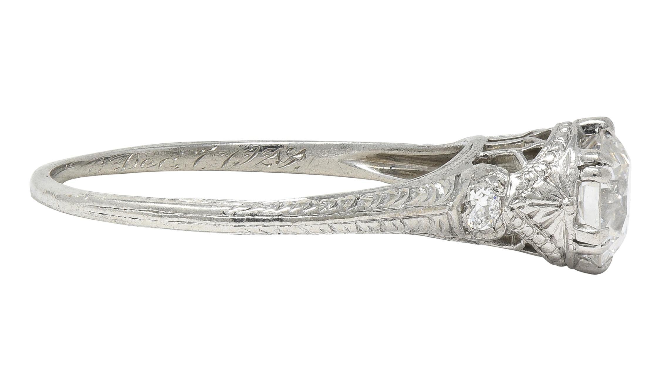 Art Deco 1929 Old European Cut Diamond Platinum Vintage Feather Engagement Ring