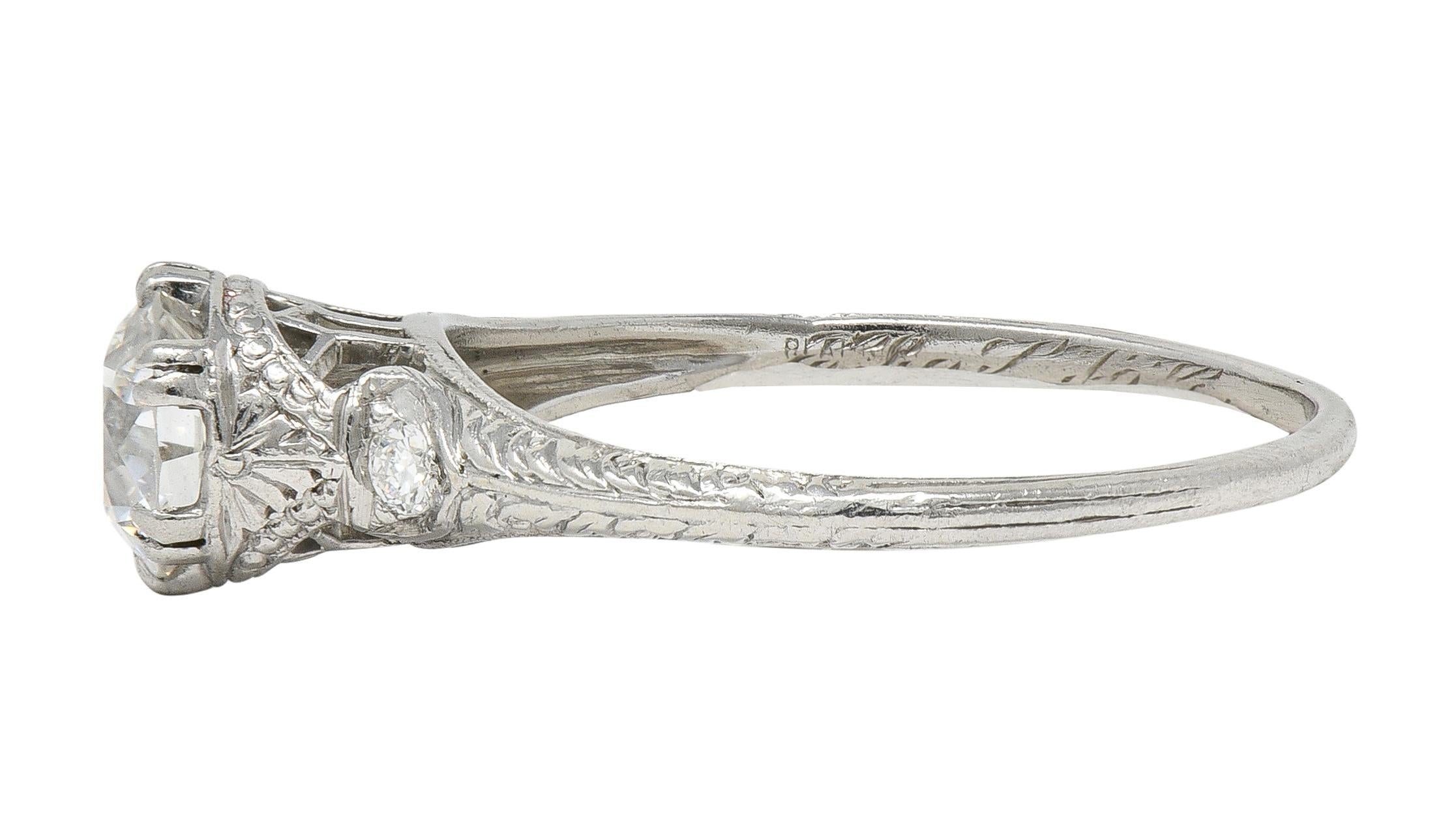 Art Deco 1929 Old European Cut Diamond Platinum Vintage Feather Engagement Ring