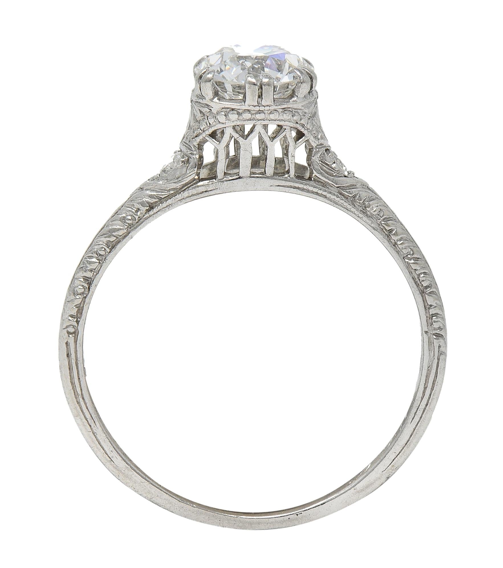 Art Deco 1929 Old European Cut Diamond Platinum Vintage Feather Engagement Ring