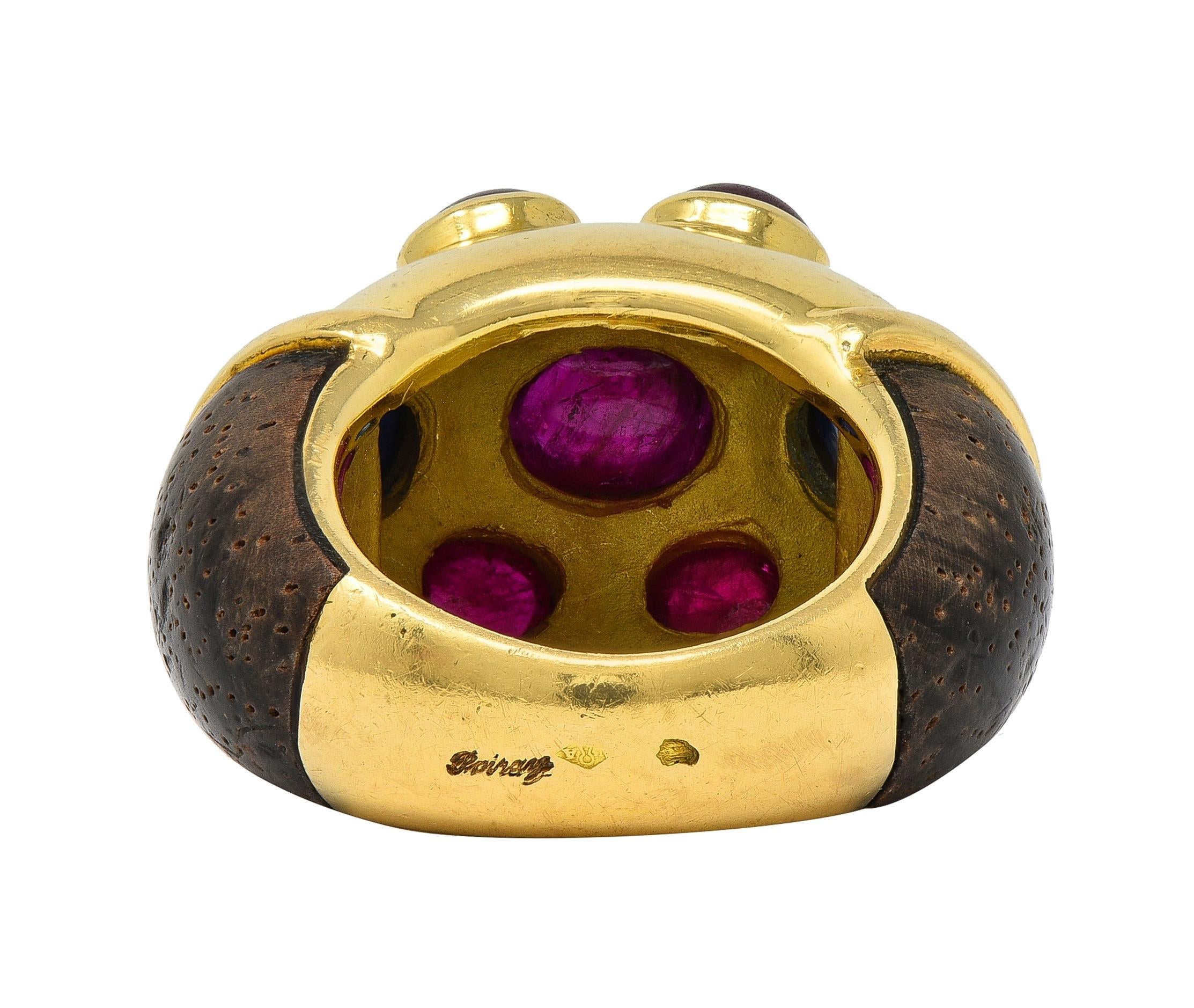 Poiray Paris 1980's 5.80 CTW Sapphire Ruby Wood 18K Gold Vintage Dome Ring