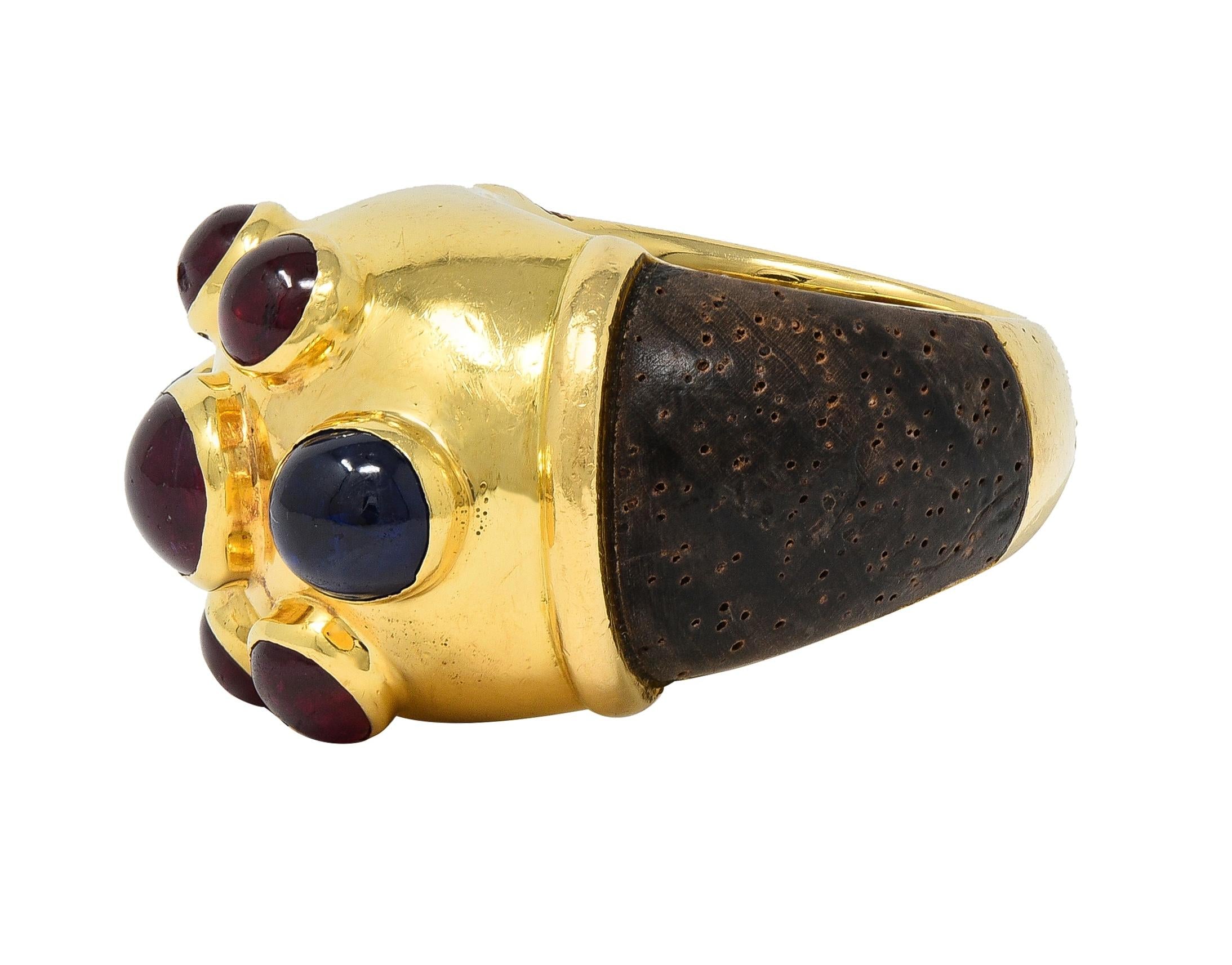 Poiray Paris 1980's 5.80 CTW Sapphire Ruby Wood 18K Gold Vintage Dome Ring