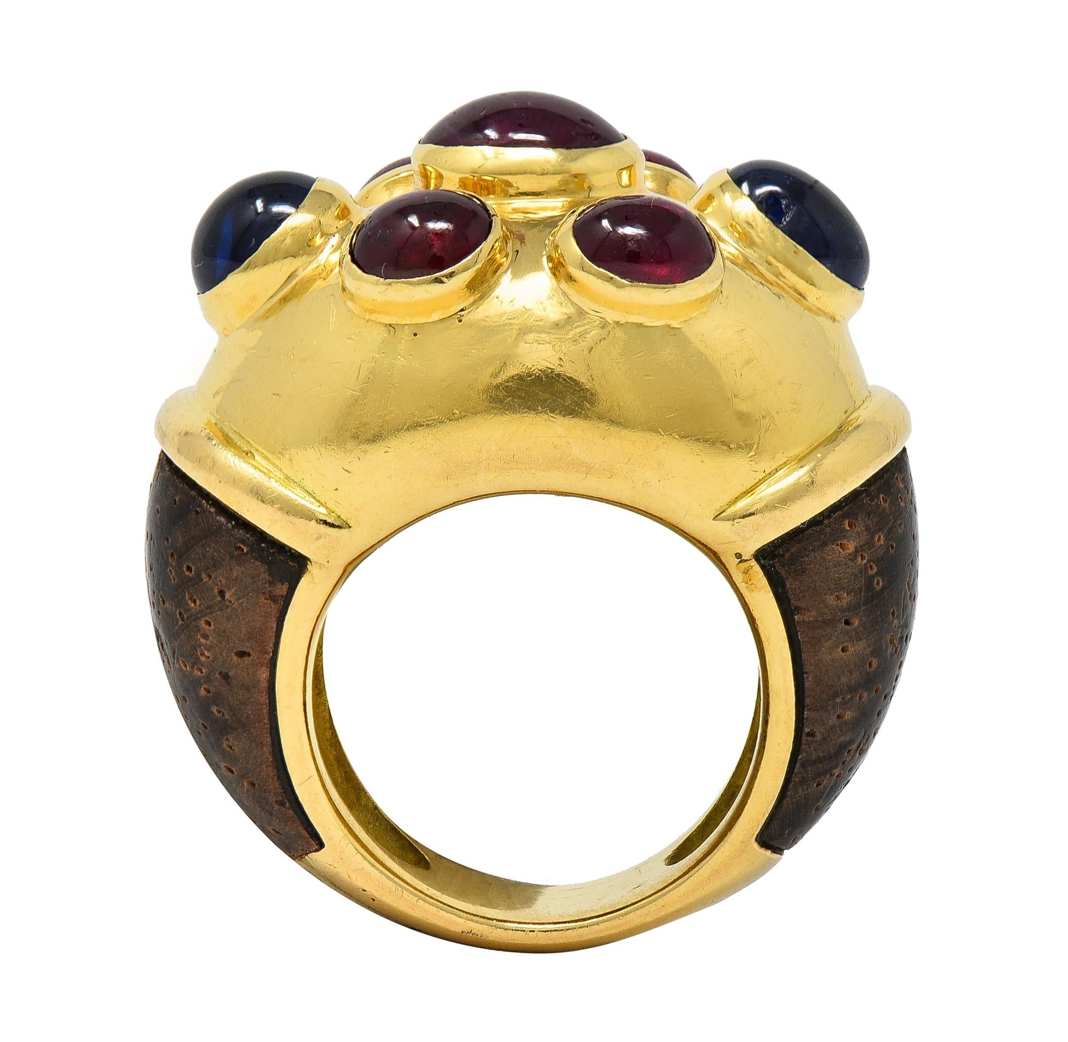 Poiray Paris 1980's 5.80 CTW Sapphire Ruby Wood 18K Gold Vintage Dome Ring