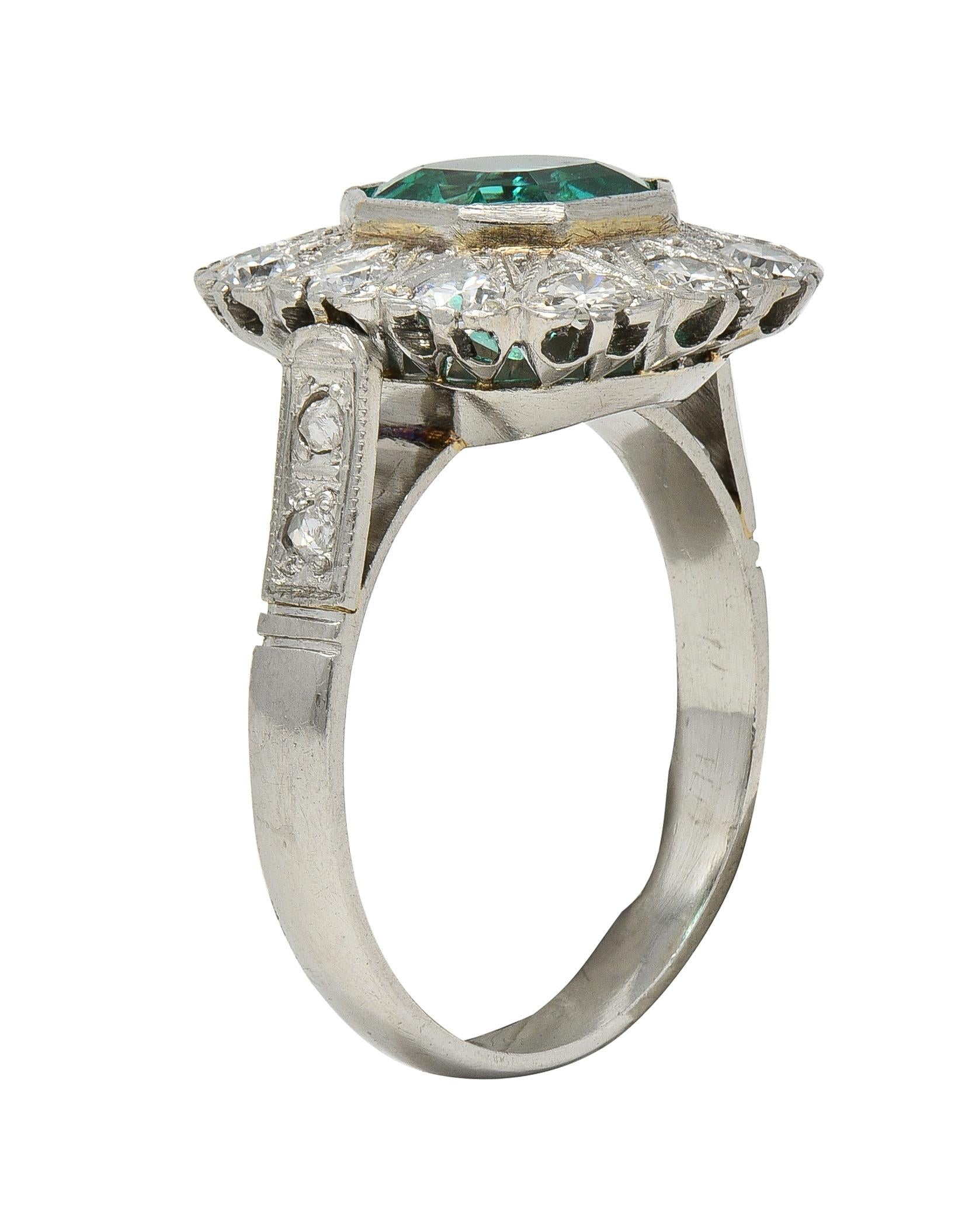 Art Deco 3.05 CTW No Oil Colombian Emerald Diamond Platinum Vintage Halo Ring