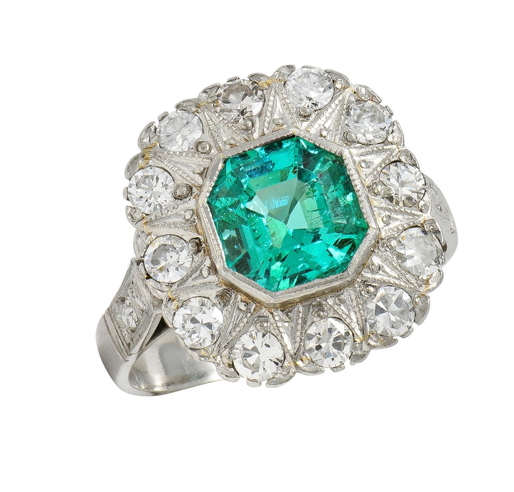 Art Deco 3.05 CTW No Oil Colombian Emerald Diamond Platinum Vintage Halo Ring