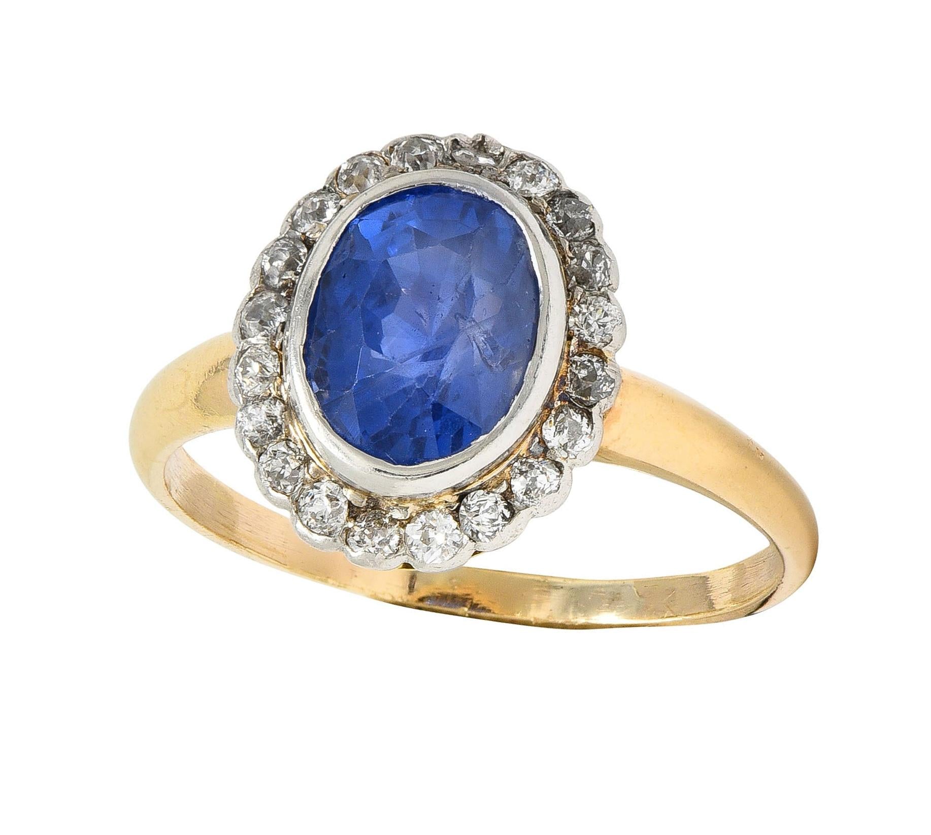 Antique 2.50 CTW No Heat Ceylon Sapphire Diamond Platinum 14K Gold Halo Ring GIA
