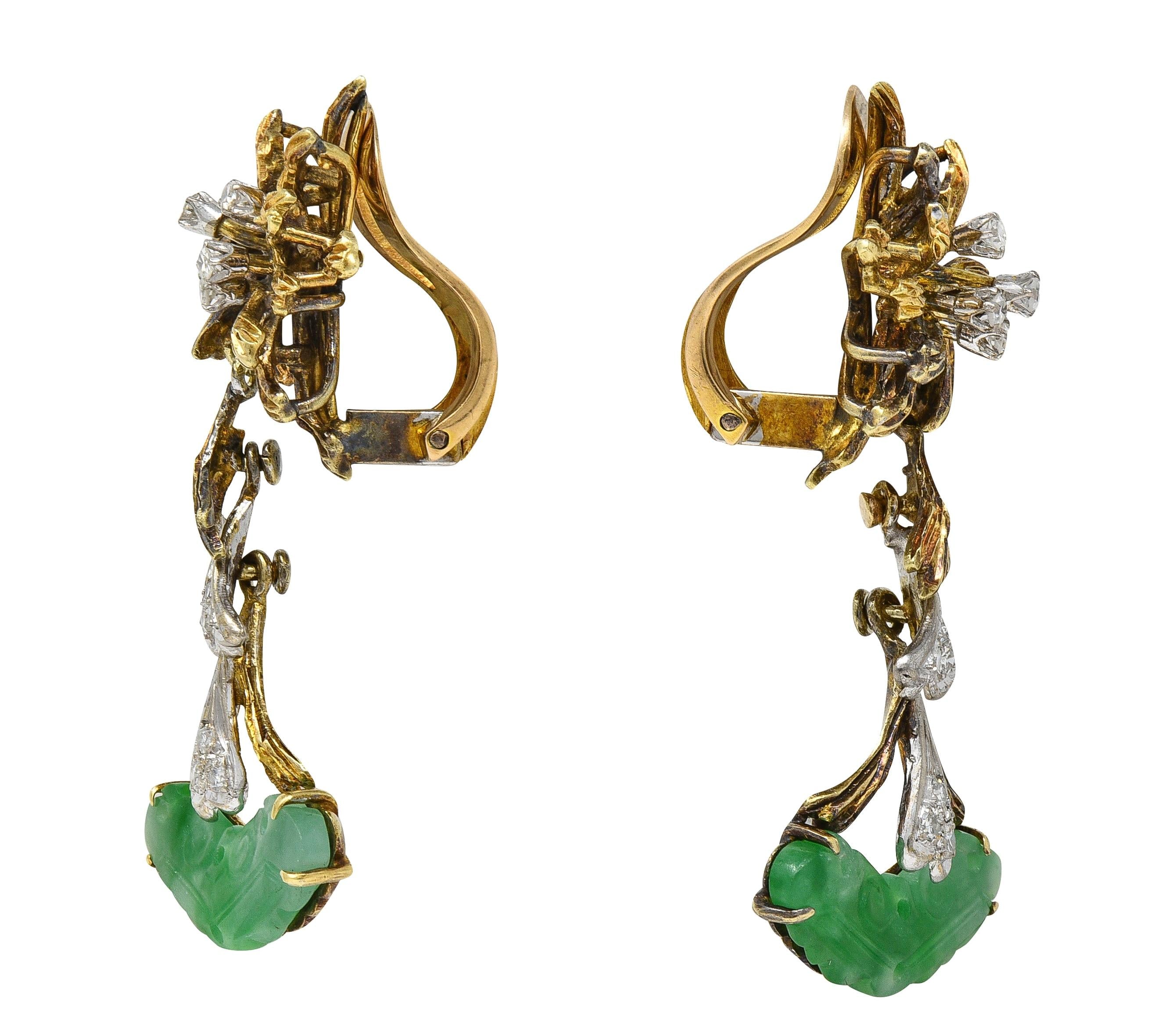 1950's Diamond Jade 14K Two-Tone Gold Vintage Burst Foliate Dop Ear-Clip Earring
