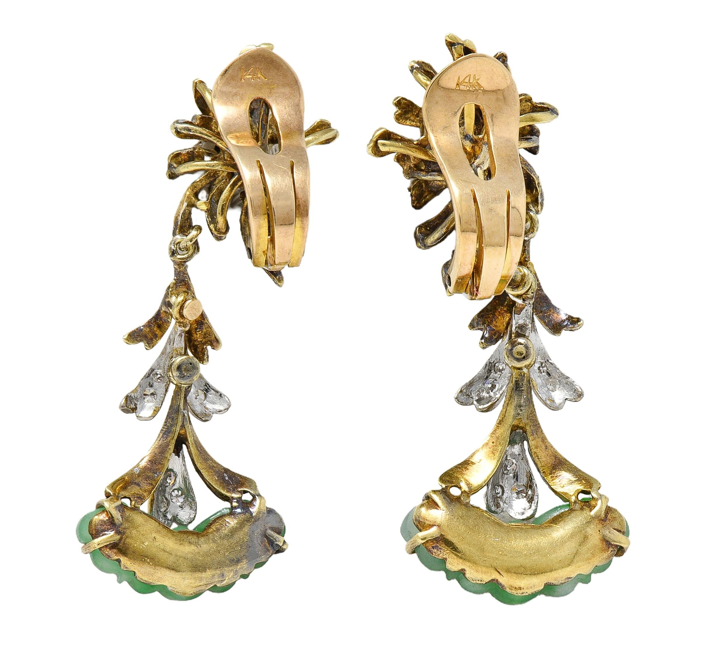 1950's Diamond Jade 14K Two-Tone Gold Vintage Burst Foliate Dop Ear-Clip Earring