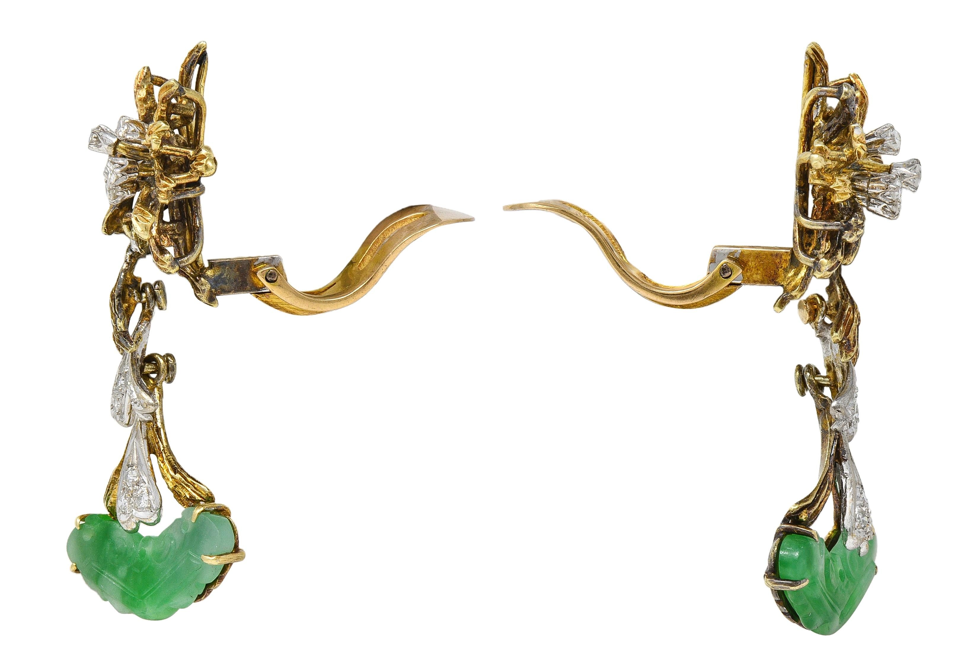 1950's Diamond Jade 14K Two-Tone Gold Vintage Burst Foliate Dop Ear-Clip Earring