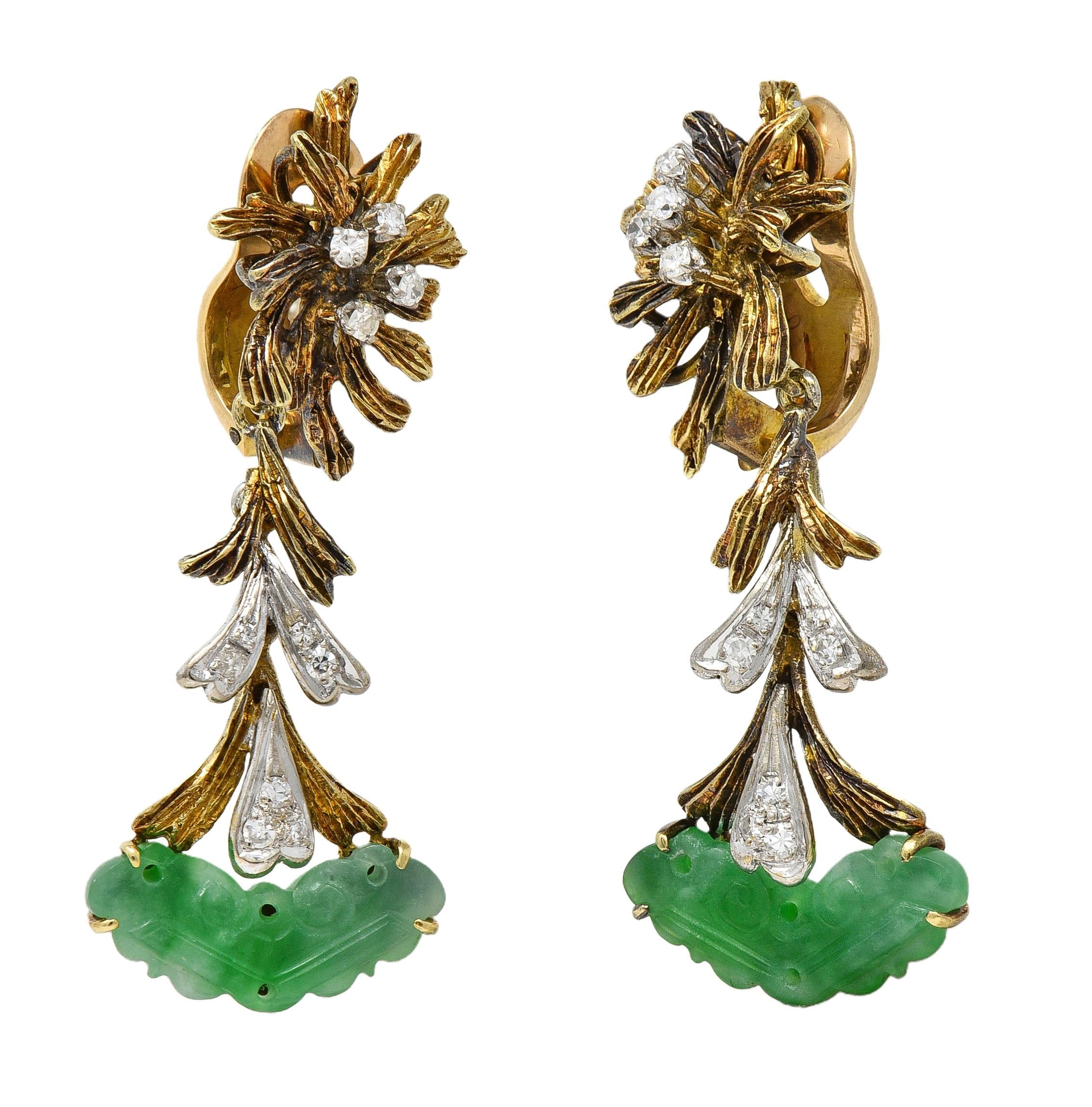 1950's Diamond Jade 14K Two-Tone Gold Vintage Burst Foliate Dop Ear-Clip Earring