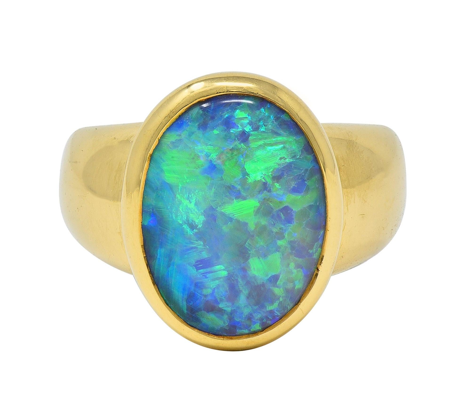 Contemporary Black Opal 18 Karat Yellow Gold Puffed Bezel Gemstone Ring