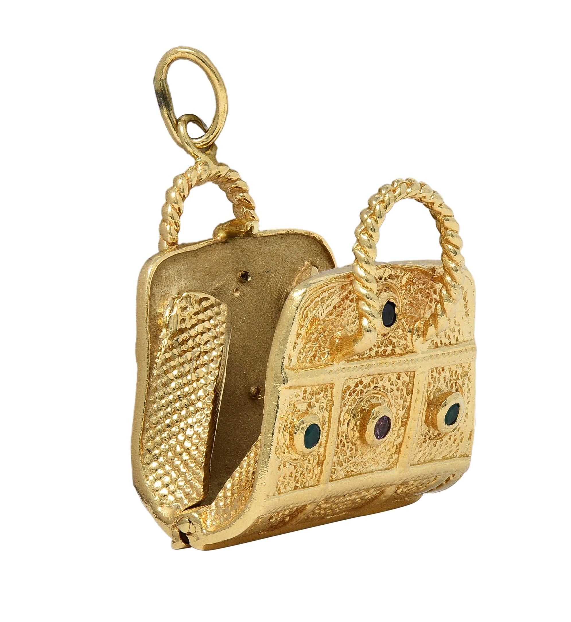 1960's Multi-Gem 14 Karat Yellow Gold Vintage Purse Pendant Charm