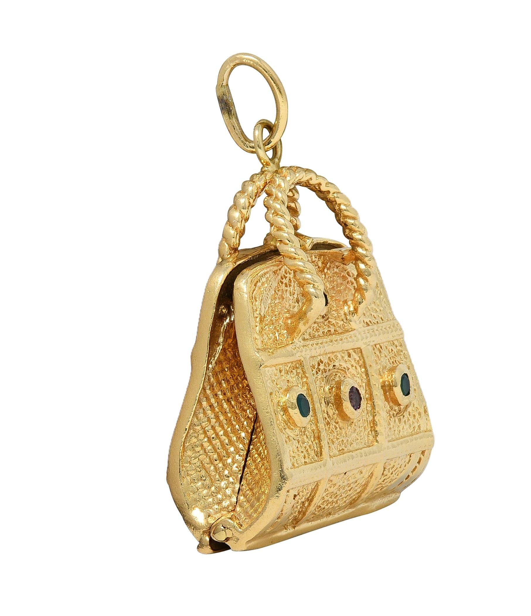 1960's Multi-Gem 14 Karat Yellow Gold Vintage Purse Pendant Charm