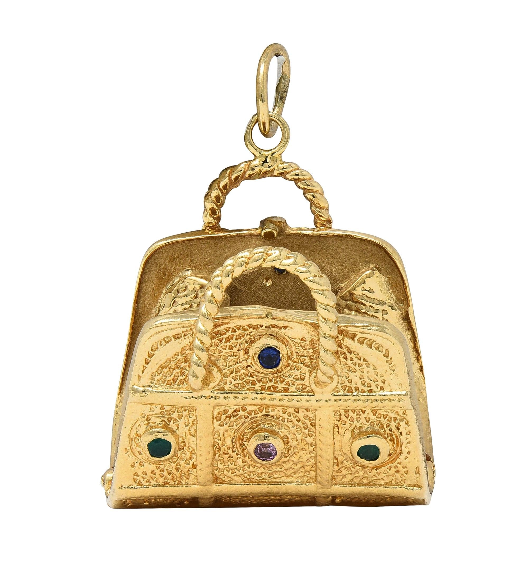 1960's Multi-Gem 14 Karat Yellow Gold Vintage Purse Pendant Charm