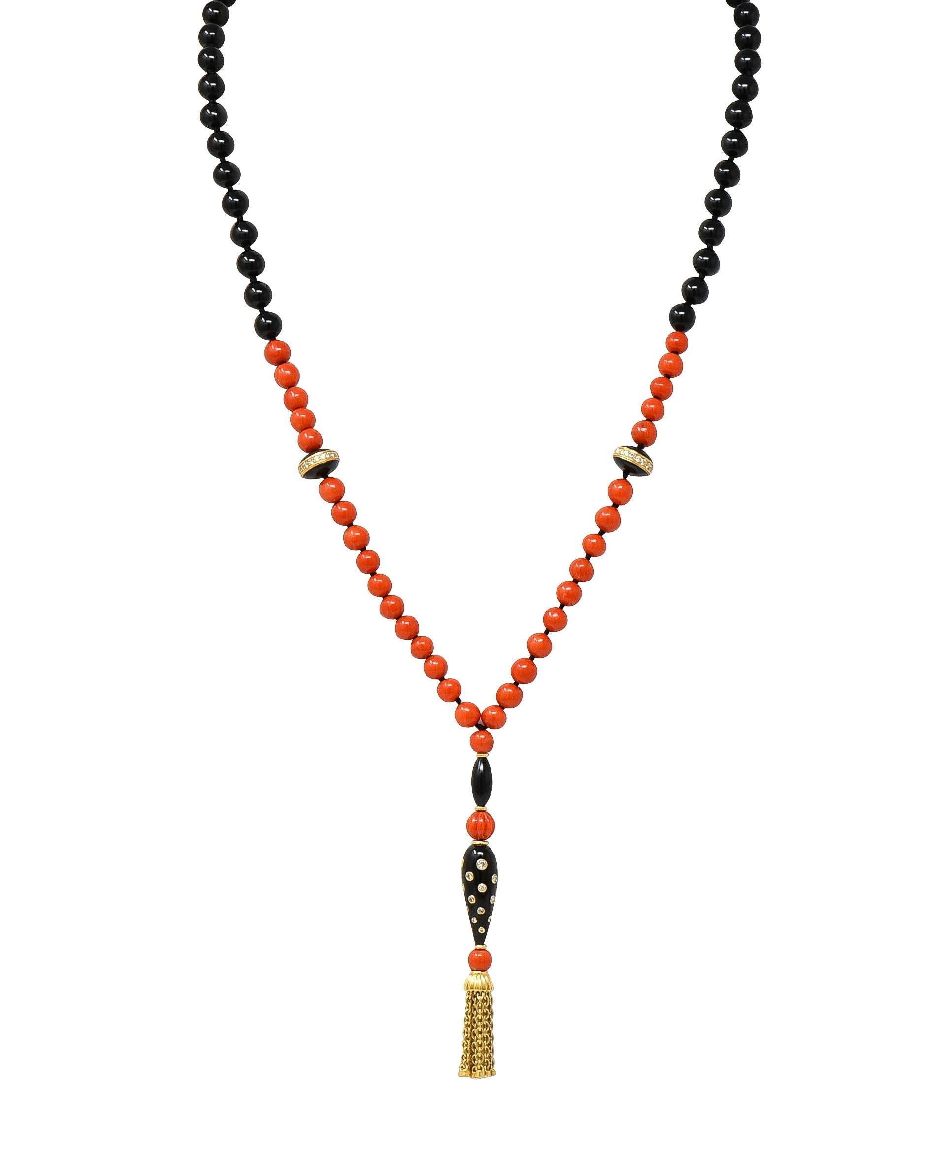 Boucheron 1970's Diamond Onyx 18K Gold Vintage Beaded Tassel Sautoir Necklace