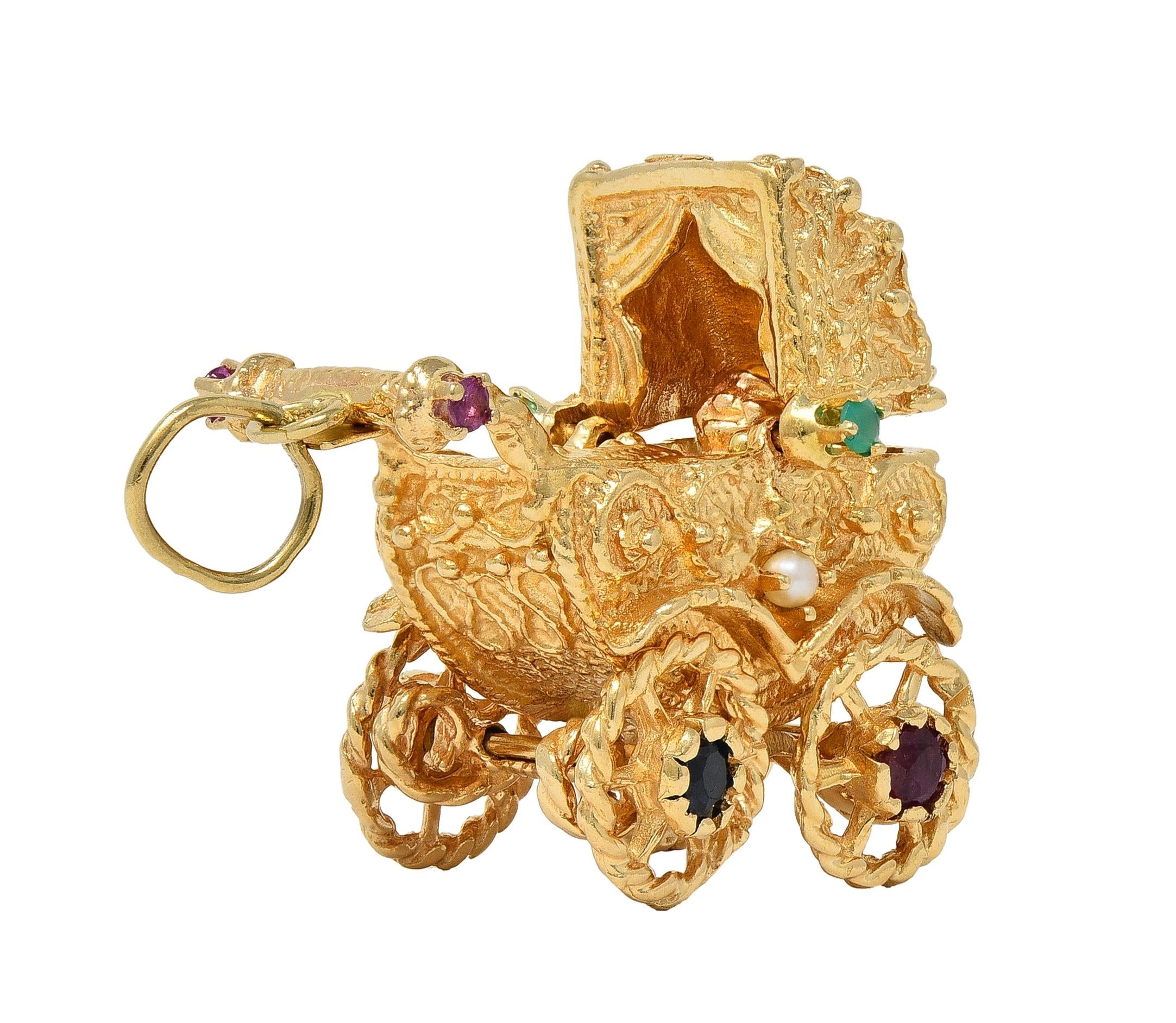 1960's Multi-Gem 14 Karat Yellow Gold Vintage Baby Carriage Charm