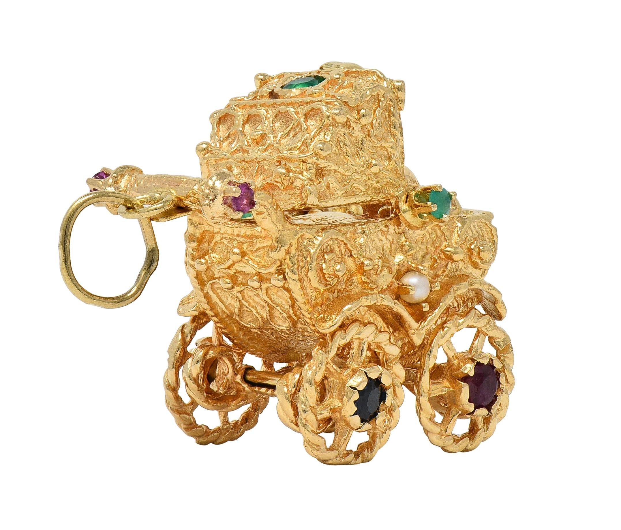 1960's Multi-Gem 14 Karat Yellow Gold Vintage Baby Carriage Charm