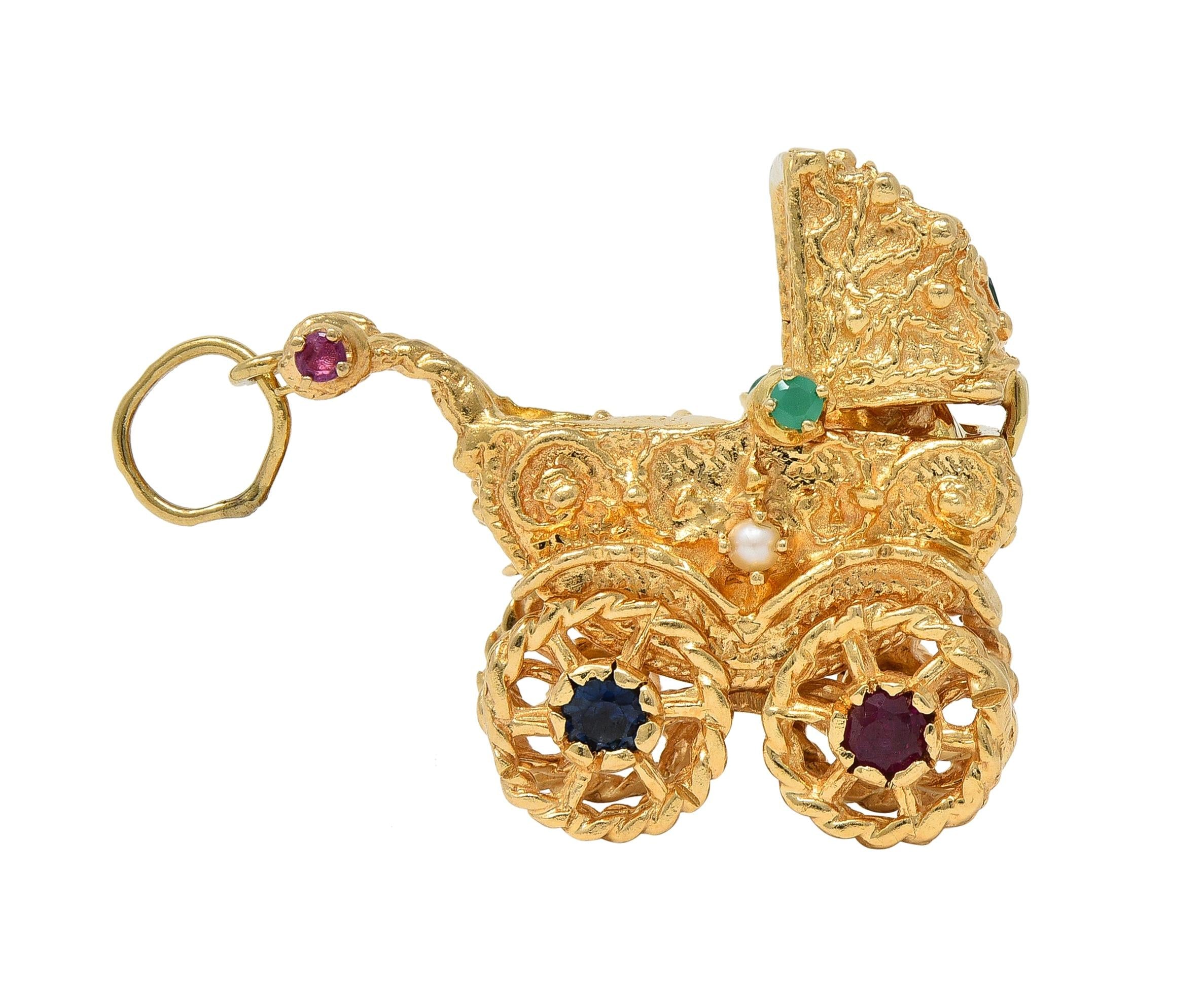 1960's Multi-Gem 14 Karat Yellow Gold Vintage Baby Carriage Charm