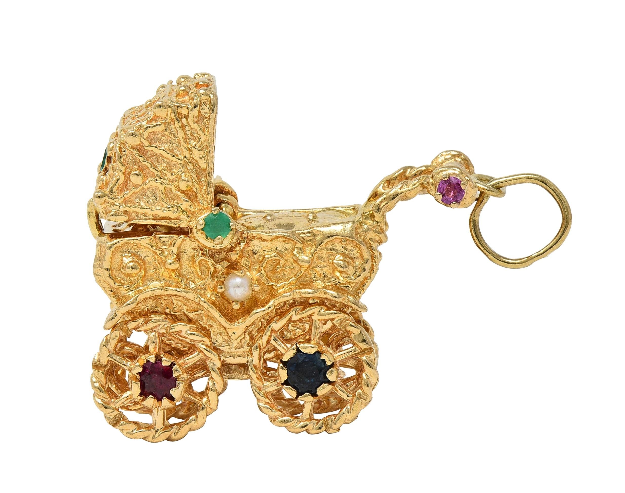 1960's Multi-Gem 14 Karat Yellow Gold Vintage Baby Carriage Charm