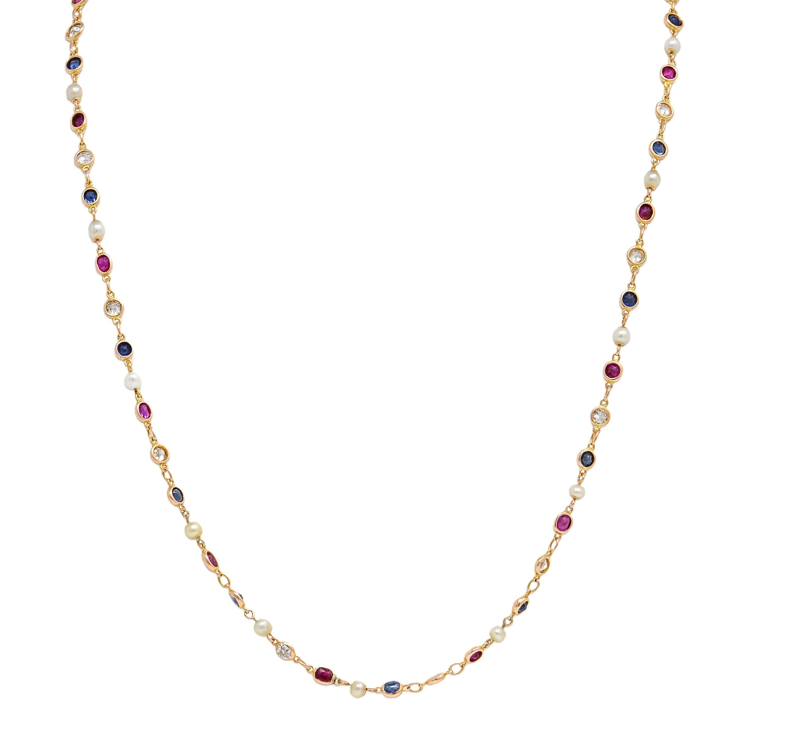 Victorian Sapphire Ruby Diamond 18 Karat Yellow Gold Antique Link Chain Necklace