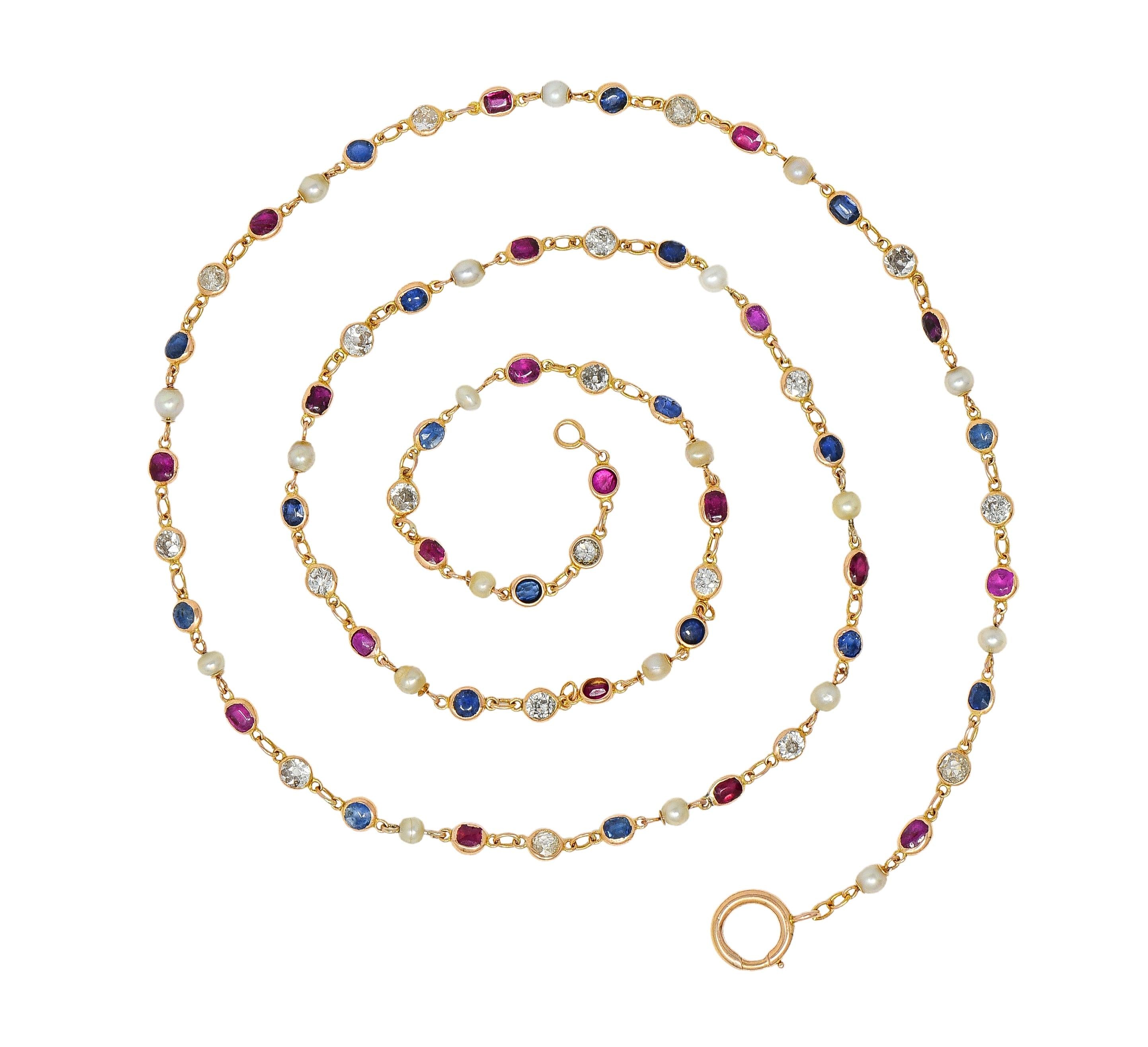 Victorian Sapphire Ruby Diamond 18 Karat Yellow Gold Antique Link Chain Necklace
