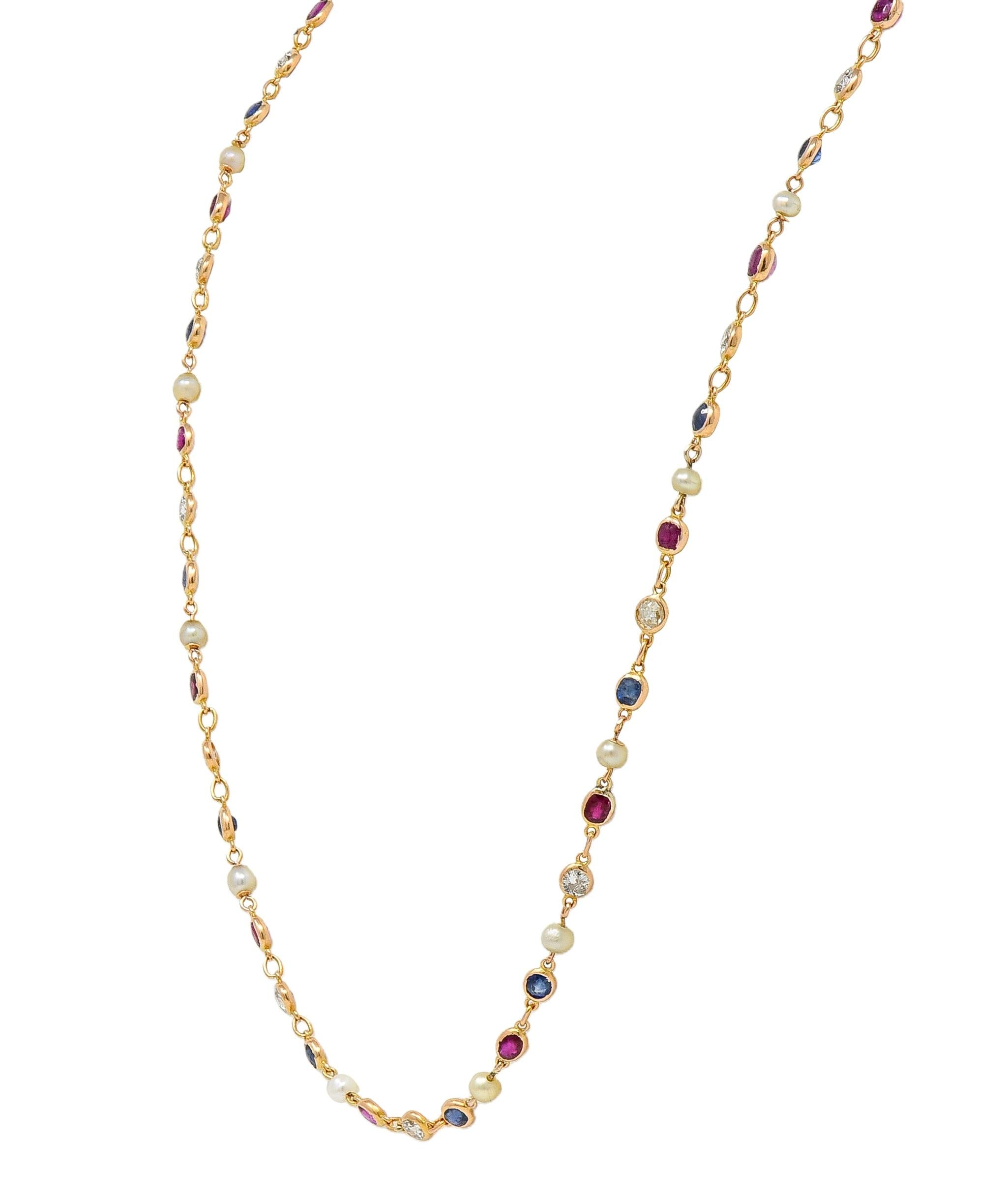 Victorian Sapphire Ruby Diamond 18 Karat Yellow Gold Antique Link Chain Necklace