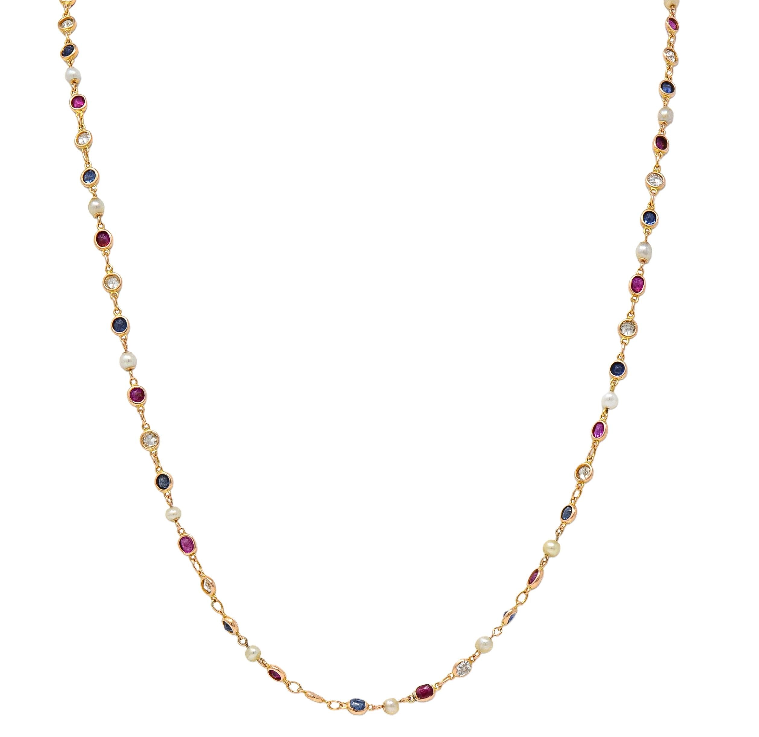 Victorian Sapphire Ruby Diamond 18 Karat Yellow Gold Antique Link Chain Necklace
