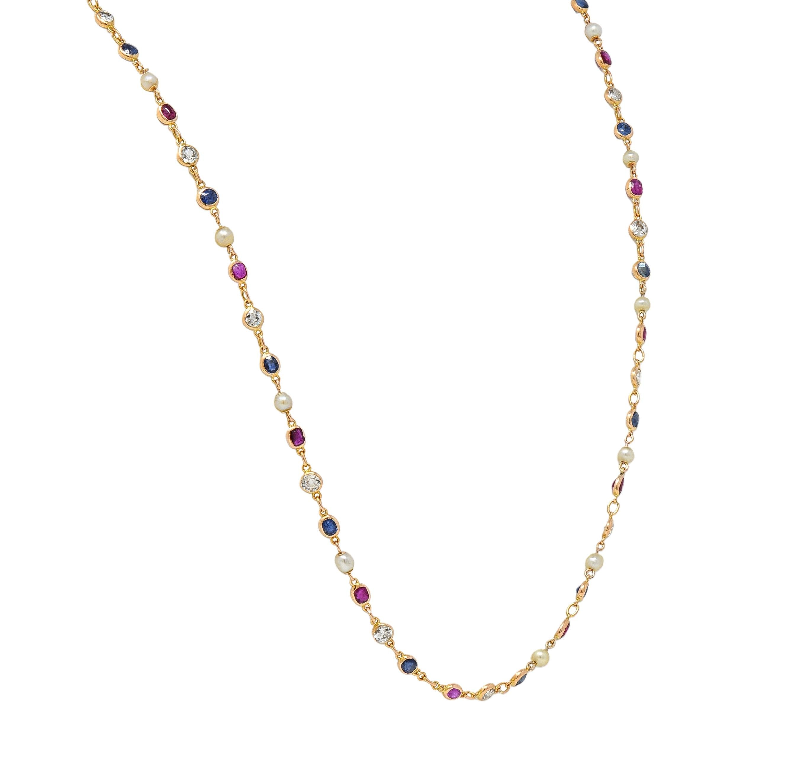Victorian Sapphire Ruby Diamond 18 Karat Yellow Gold Antique Link Chain Necklace