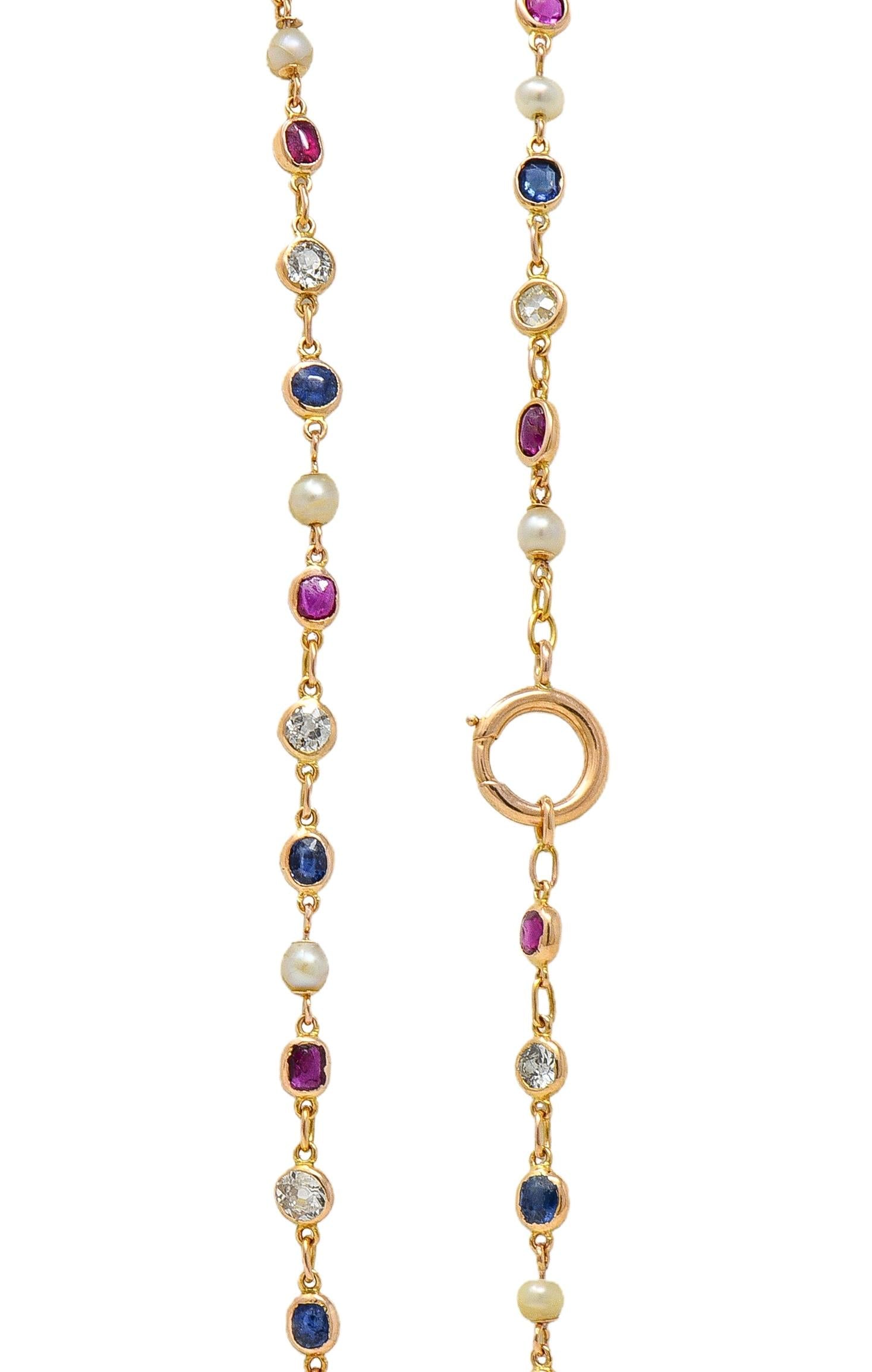 Victorian Sapphire Ruby Diamond 18 Karat Yellow Gold Antique Link Chain Necklace