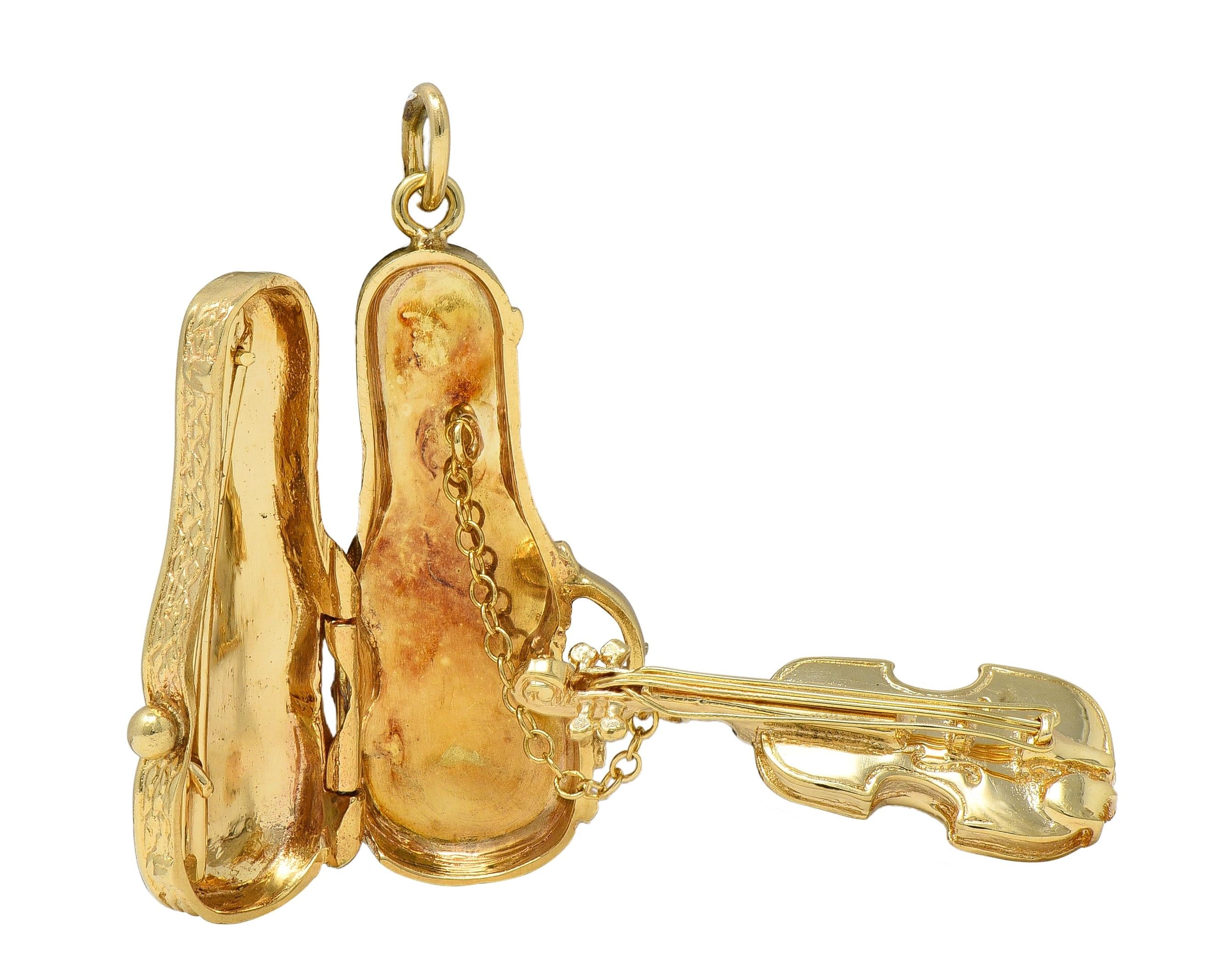 1960's 14 Karat Yellow Gold Vintage Violin In Case Pendant Charm