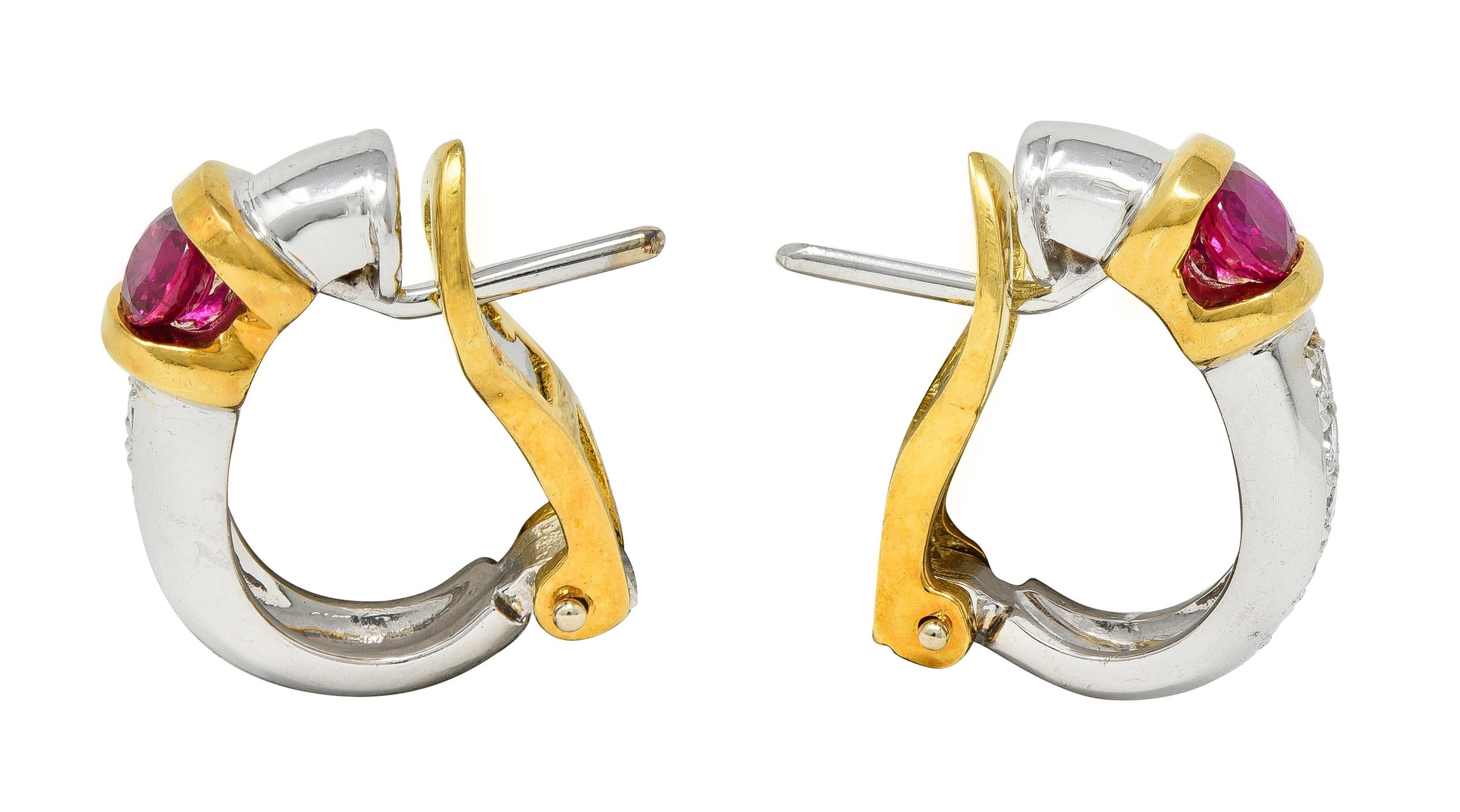 Spark 1990's Ruby Diamond 18 Karat Two-Tone Gold Vintage J-Hoop Earring