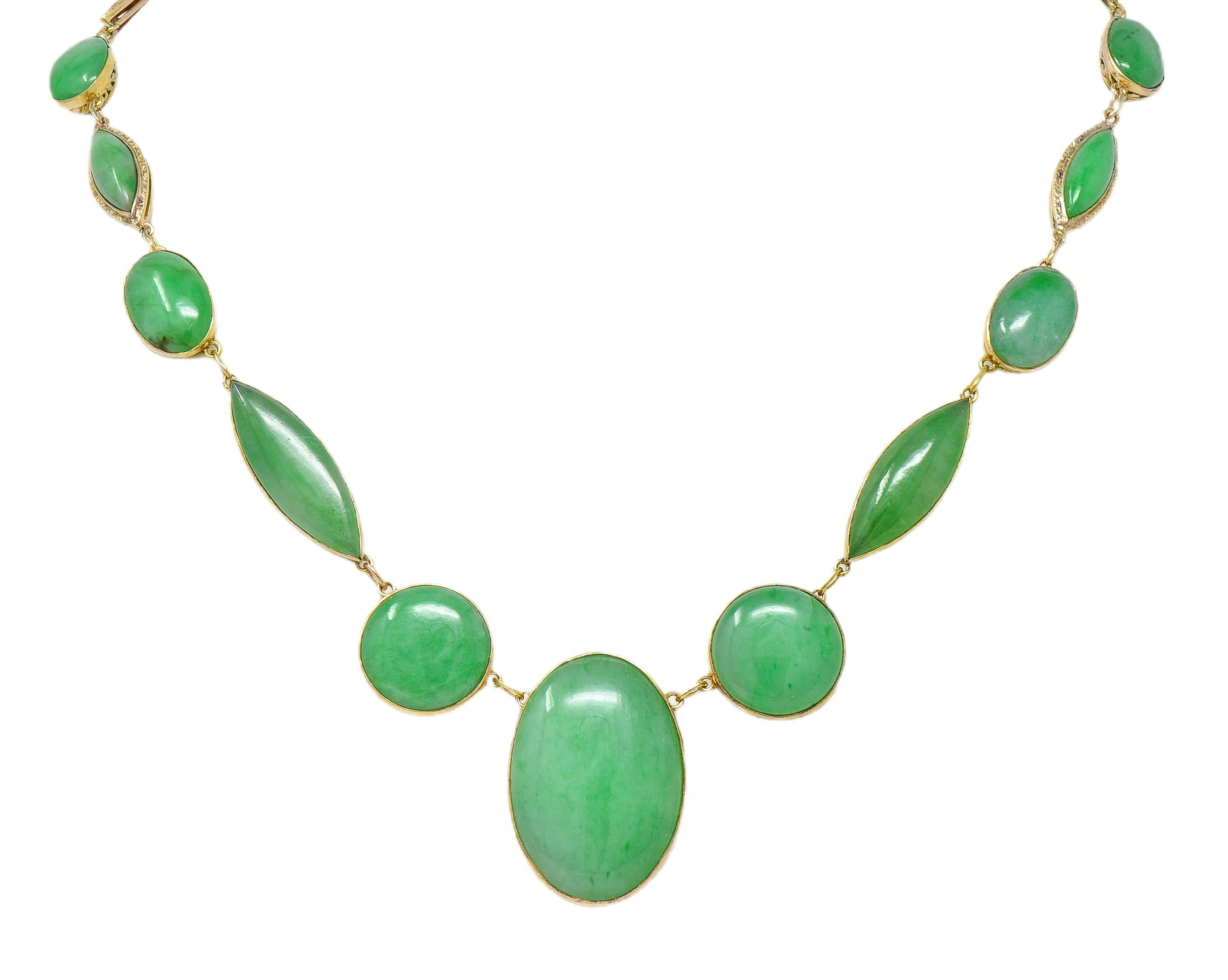 Late Victorian Jade 14 Karat Yellow Gold Antique Floral Fancy Link Drop Necklace
