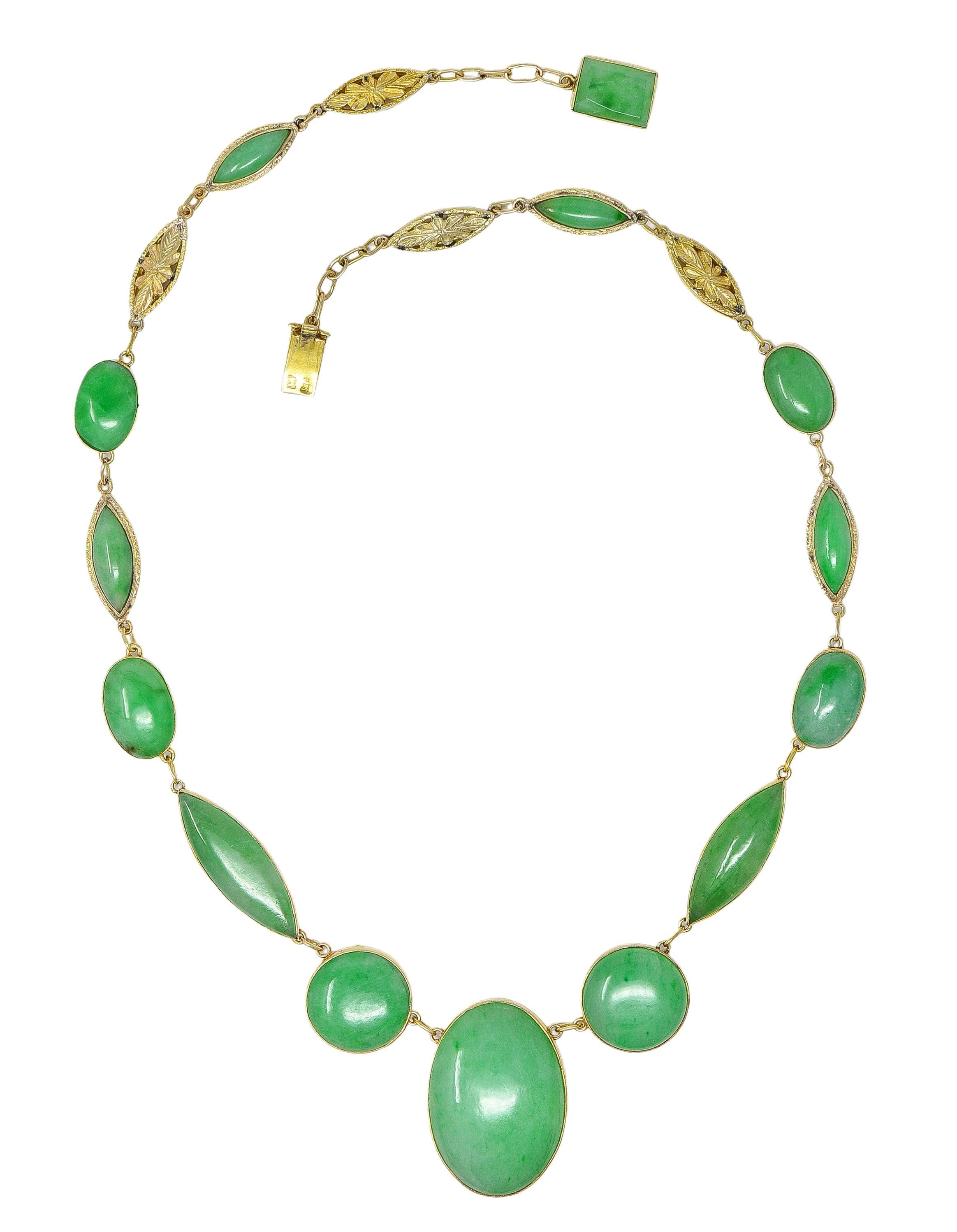 Late Victorian Jade 14 Karat Yellow Gold Antique Floral Fancy Link Drop Necklace