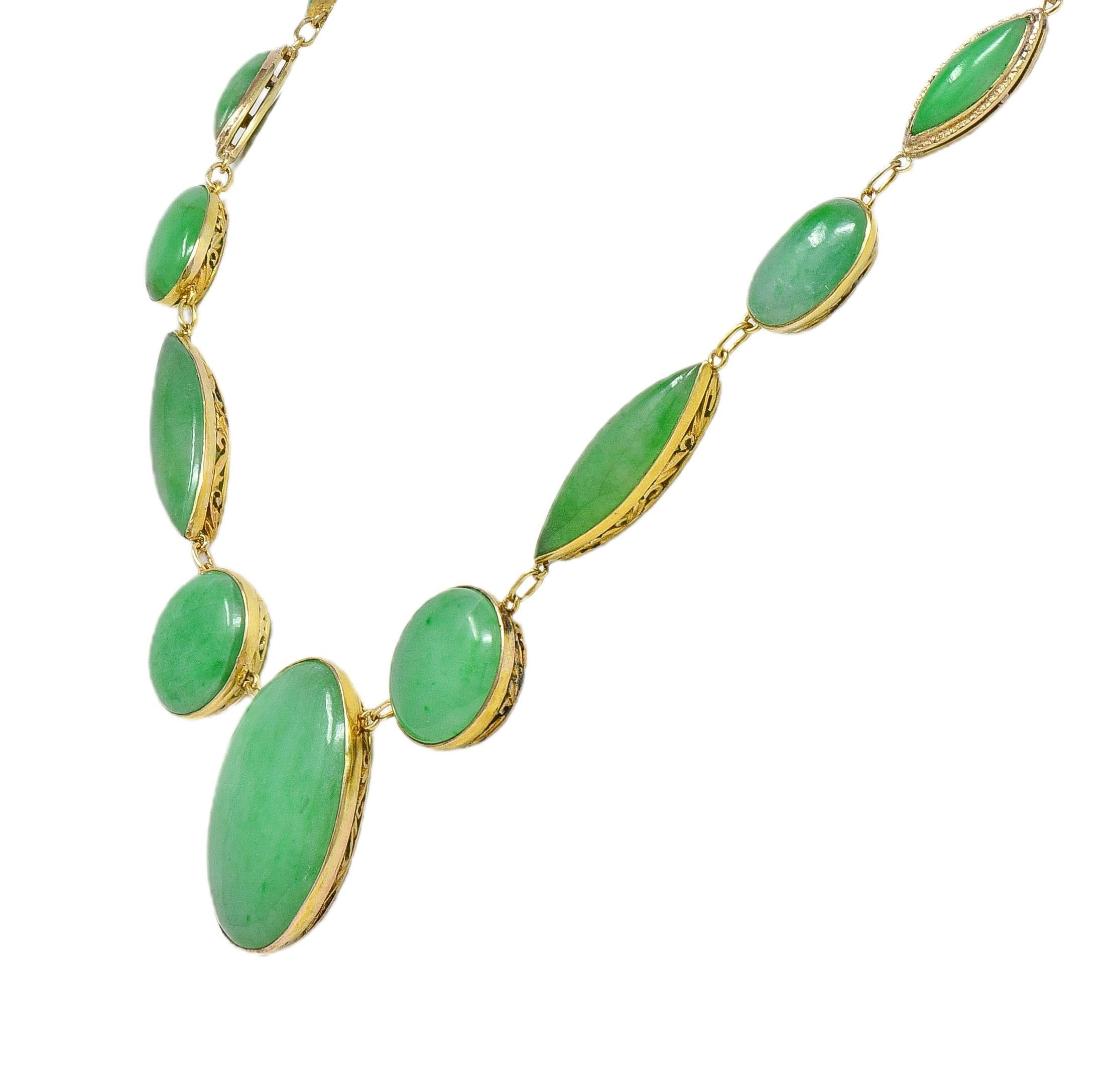 Late Victorian Jade 14 Karat Yellow Gold Antique Floral Fancy Link Drop Necklace