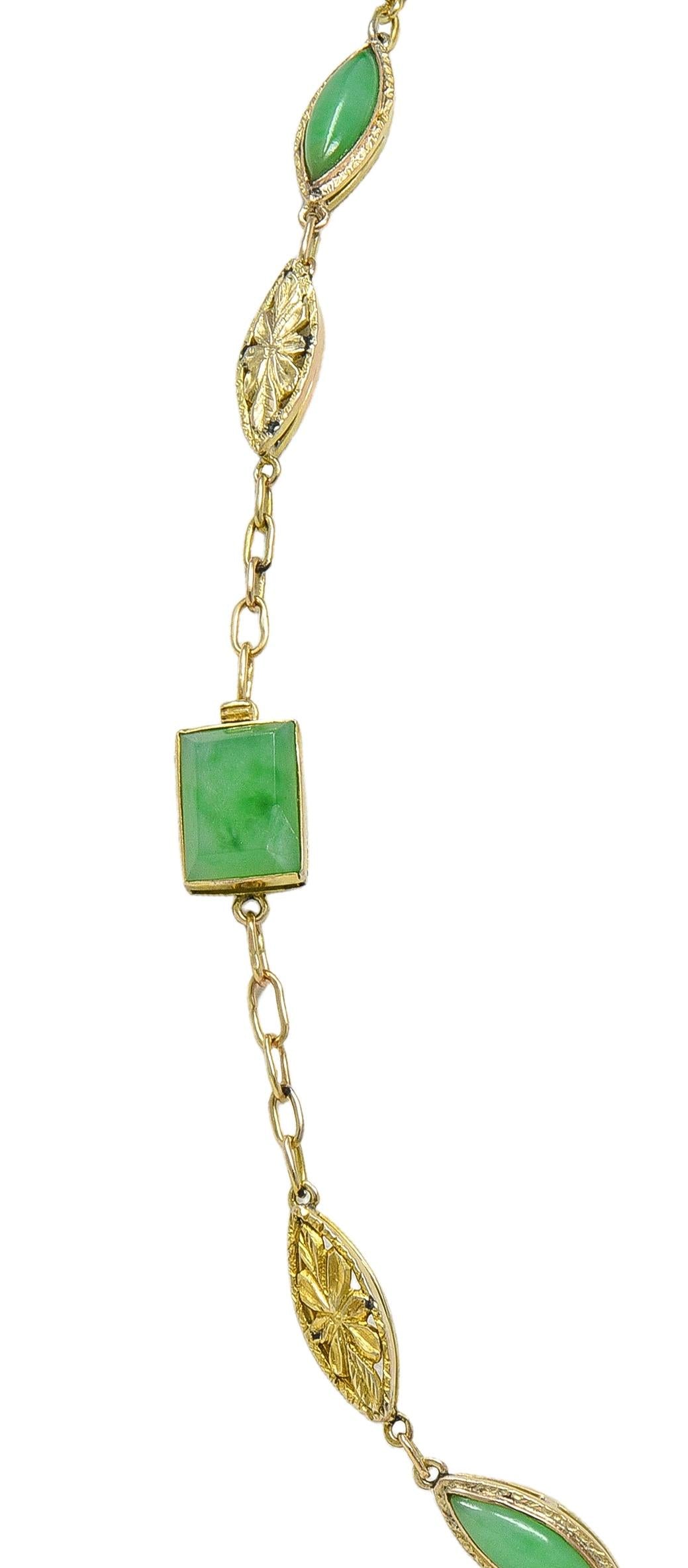 Late Victorian Jade 14 Karat Yellow Gold Antique Floral Fancy Link Drop Necklace