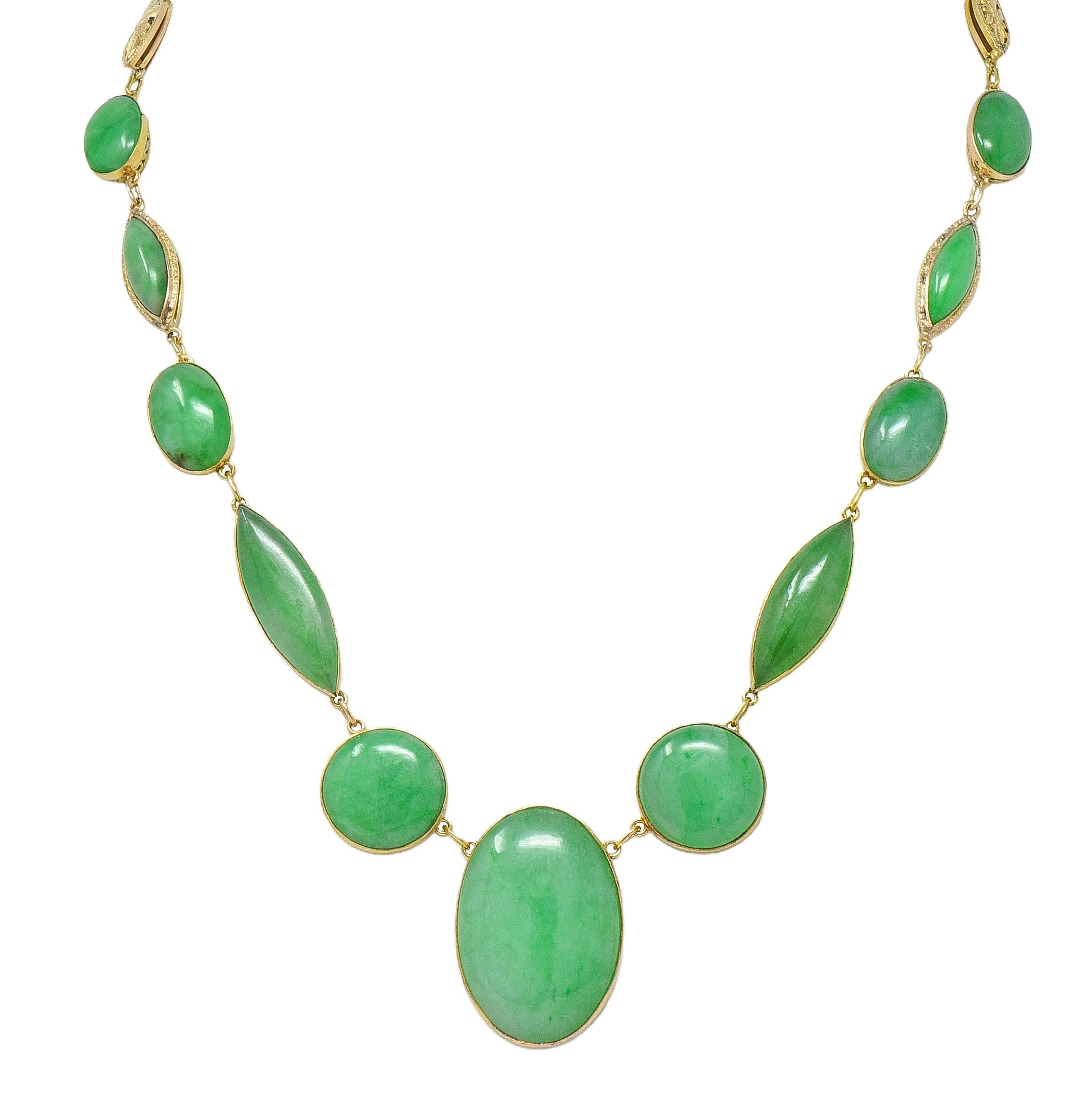 Late Victorian Jade 14 Karat Yellow Gold Antique Floral Fancy Link Drop Necklace