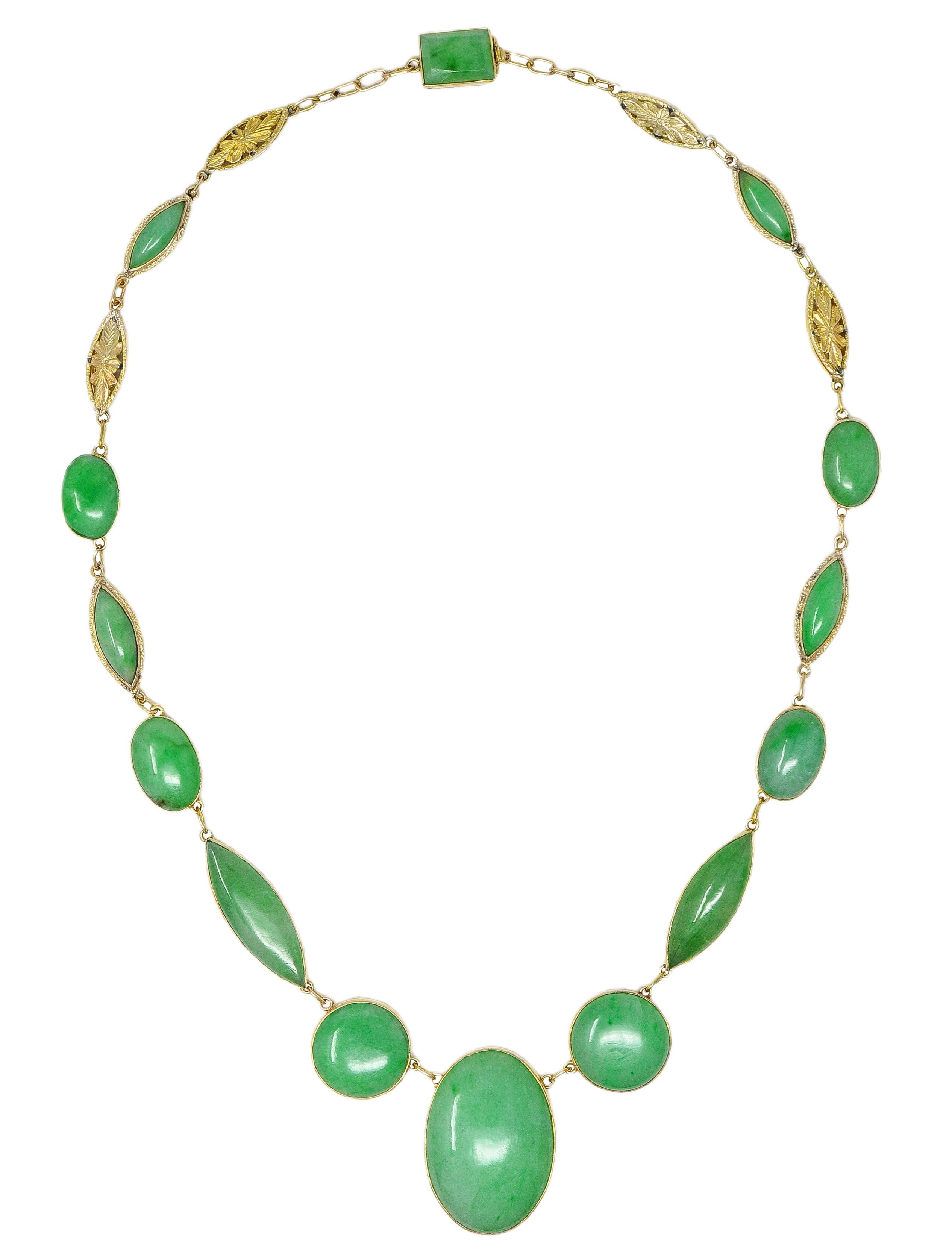 Late Victorian Jade 14 Karat Yellow Gold Antique Floral Fancy Link Drop Necklace