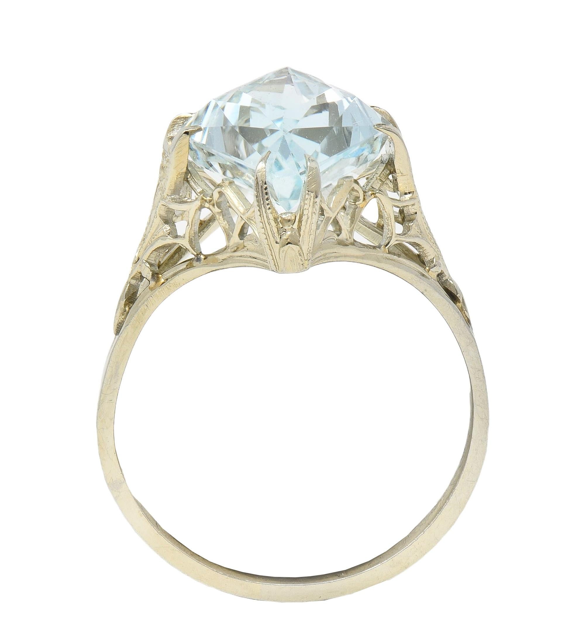 Art Deco 5.70 CTW Aquamarine 18 Karat White Gold Vintage Navette Ring