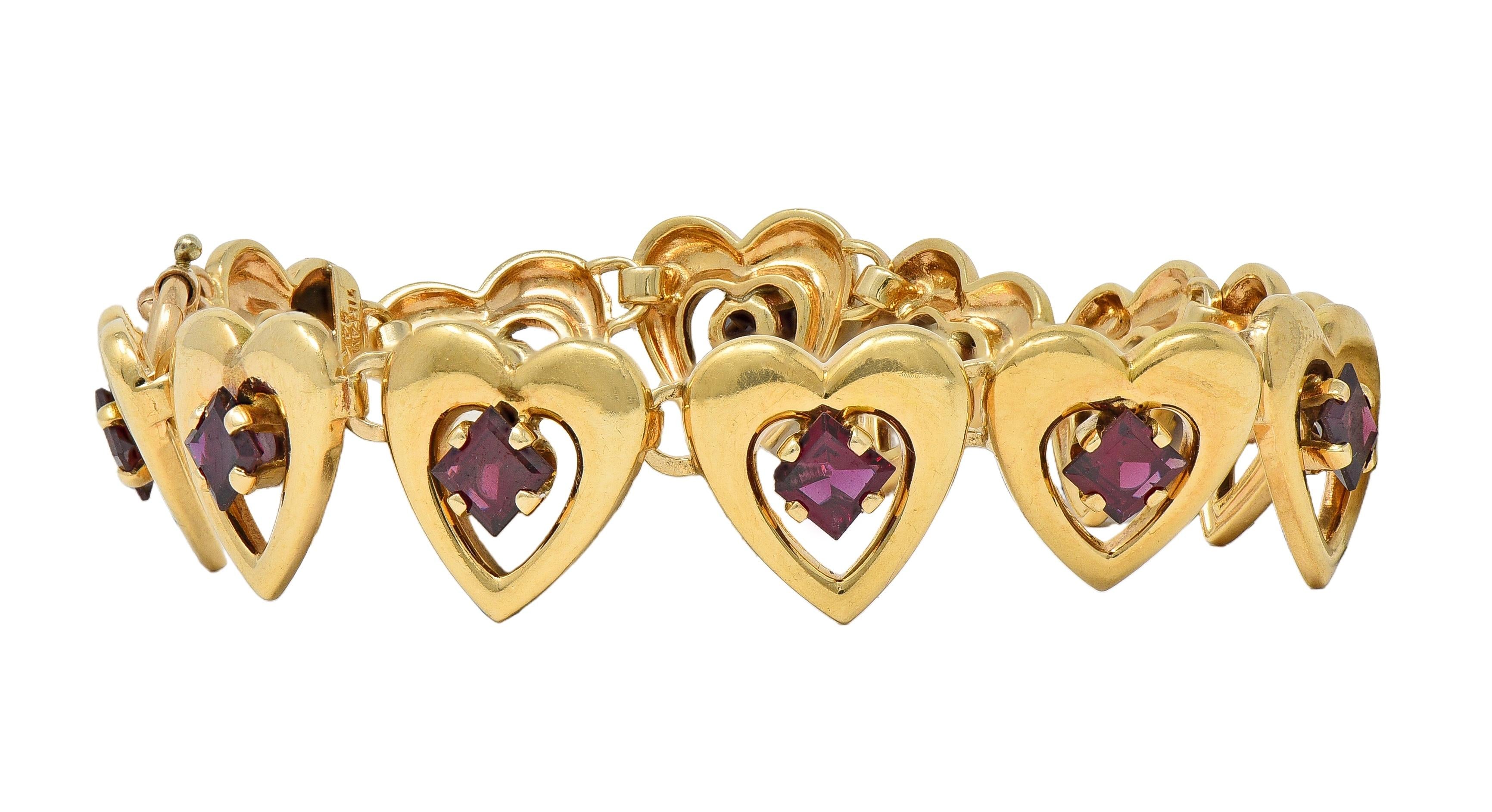Tiffany & Co. Retro 1940's Garnet 14 Karat Yellow Gold Vintage Heart Bracelet