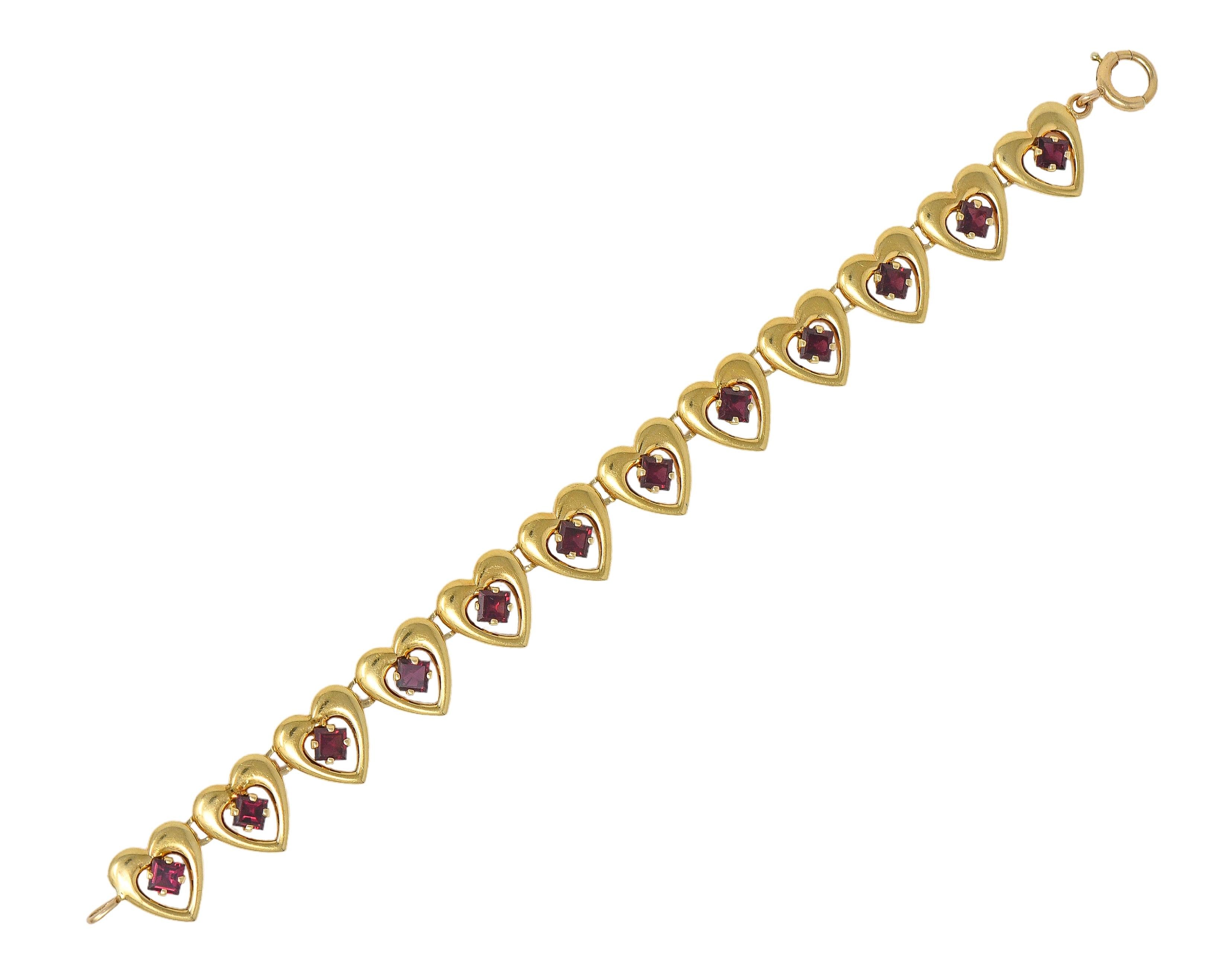 Tiffany & Co. Retro 1940's Garnet 14 Karat Yellow Gold Vintage Heart Bracelet