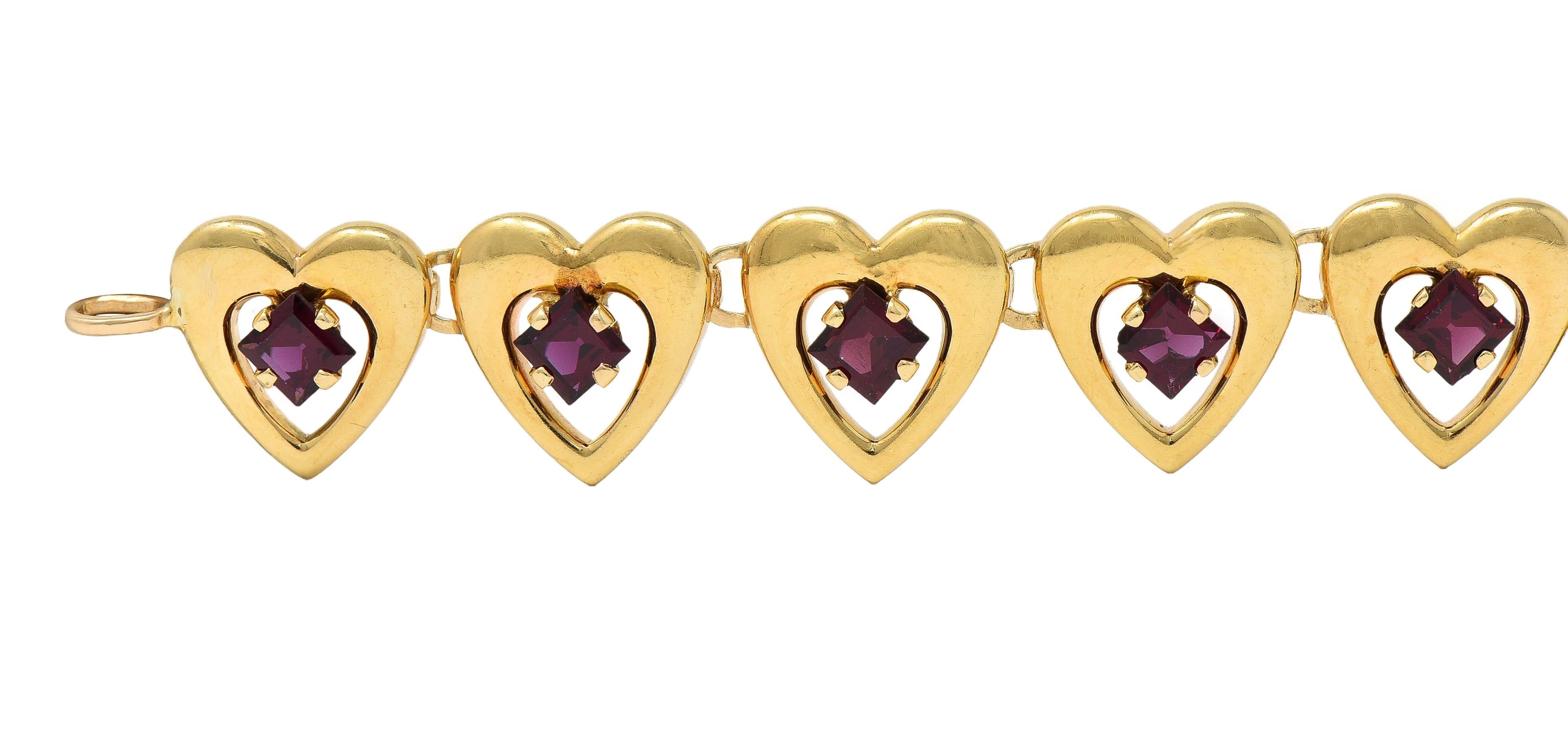 Tiffany & Co. Retro 1940's Garnet 14 Karat Yellow Gold Vintage Heart Bracelet