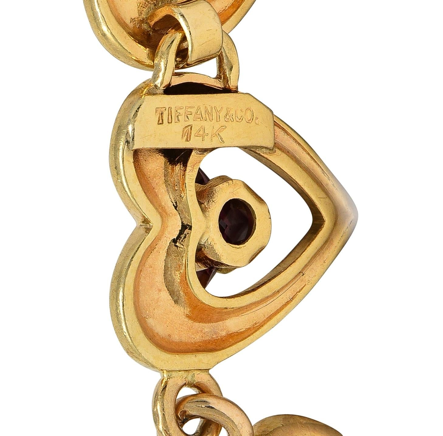 Tiffany & Co. Retro 1940's Garnet 14 Karat Yellow Gold Vintage Heart Bracelet