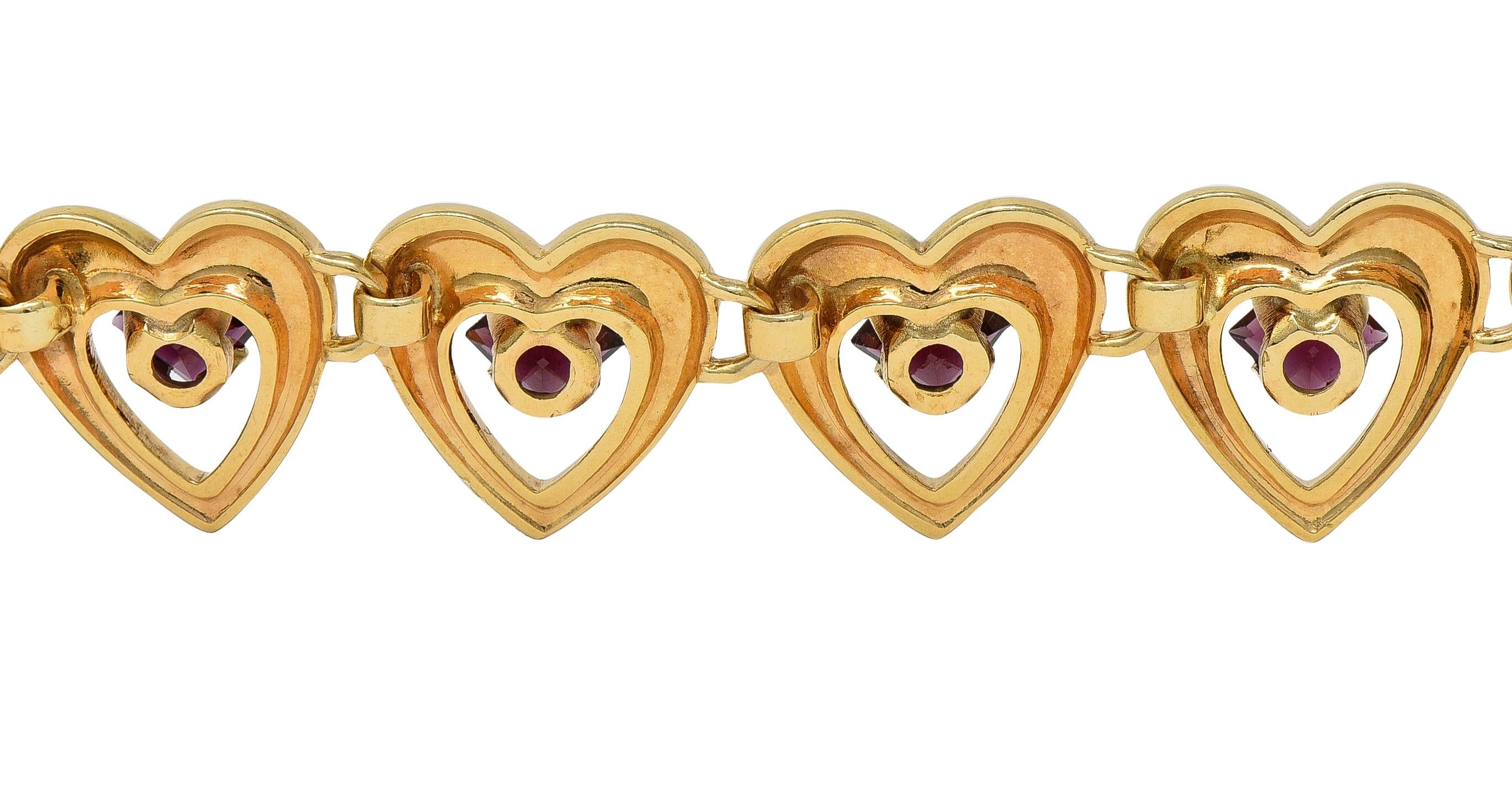 Tiffany & Co. Retro 1940's Garnet 14 Karat Yellow Gold Vintage Heart Bracelet
