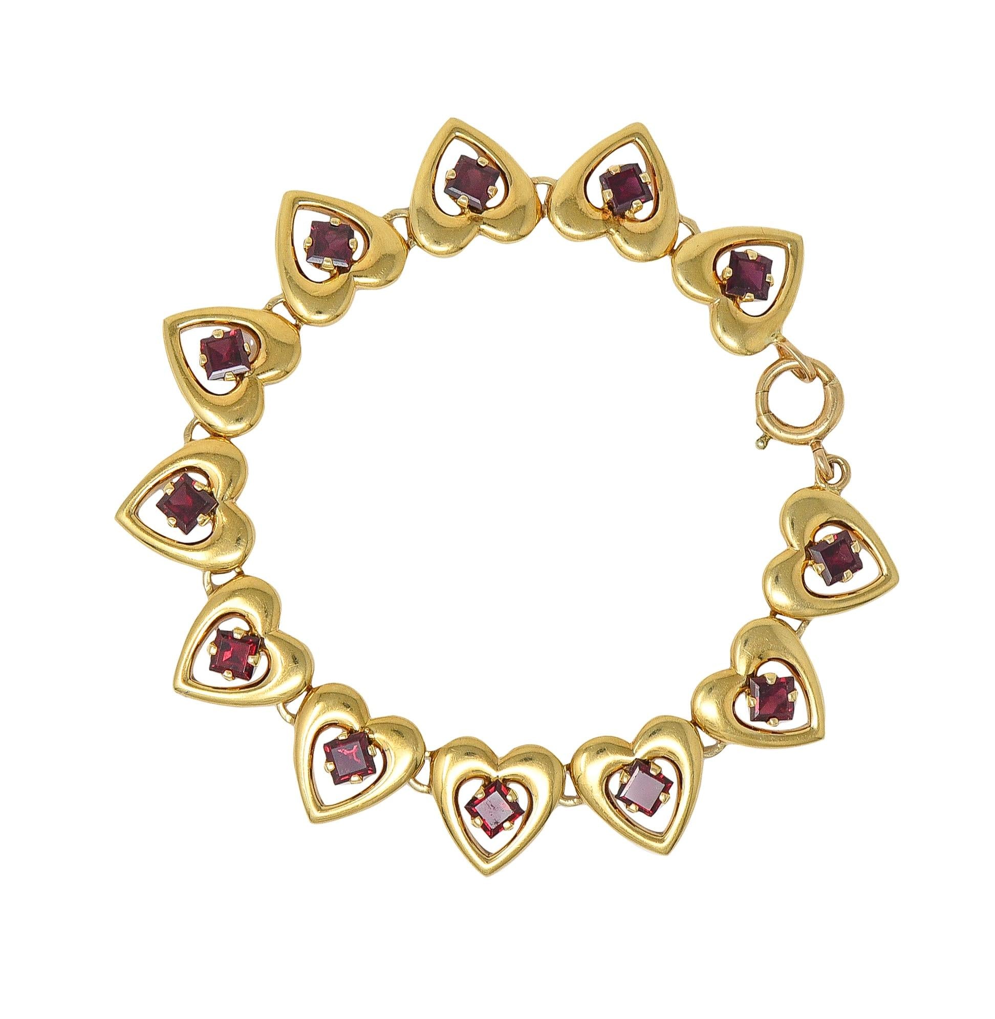 Tiffany & Co. Retro 1940's Garnet 14 Karat Yellow Gold Vintage Heart Bracelet