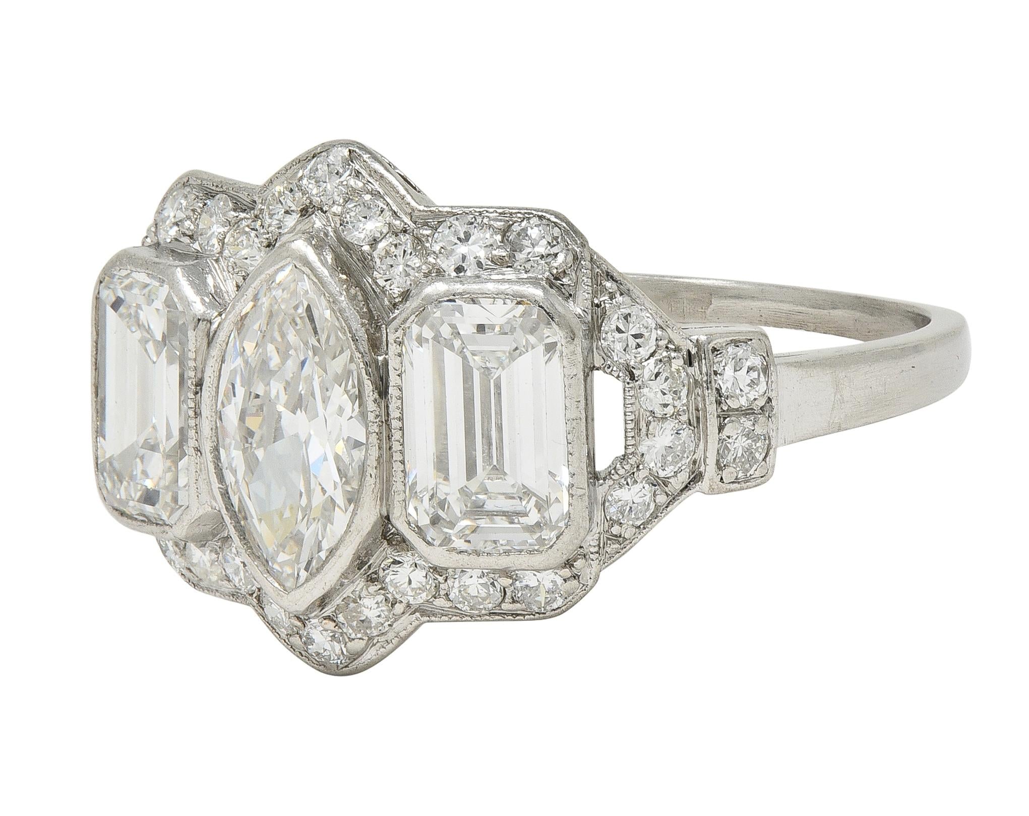 Art Deco 2.87 CTW Marquise Cut Diamond Platinum Vintage Halo Engagement Ring