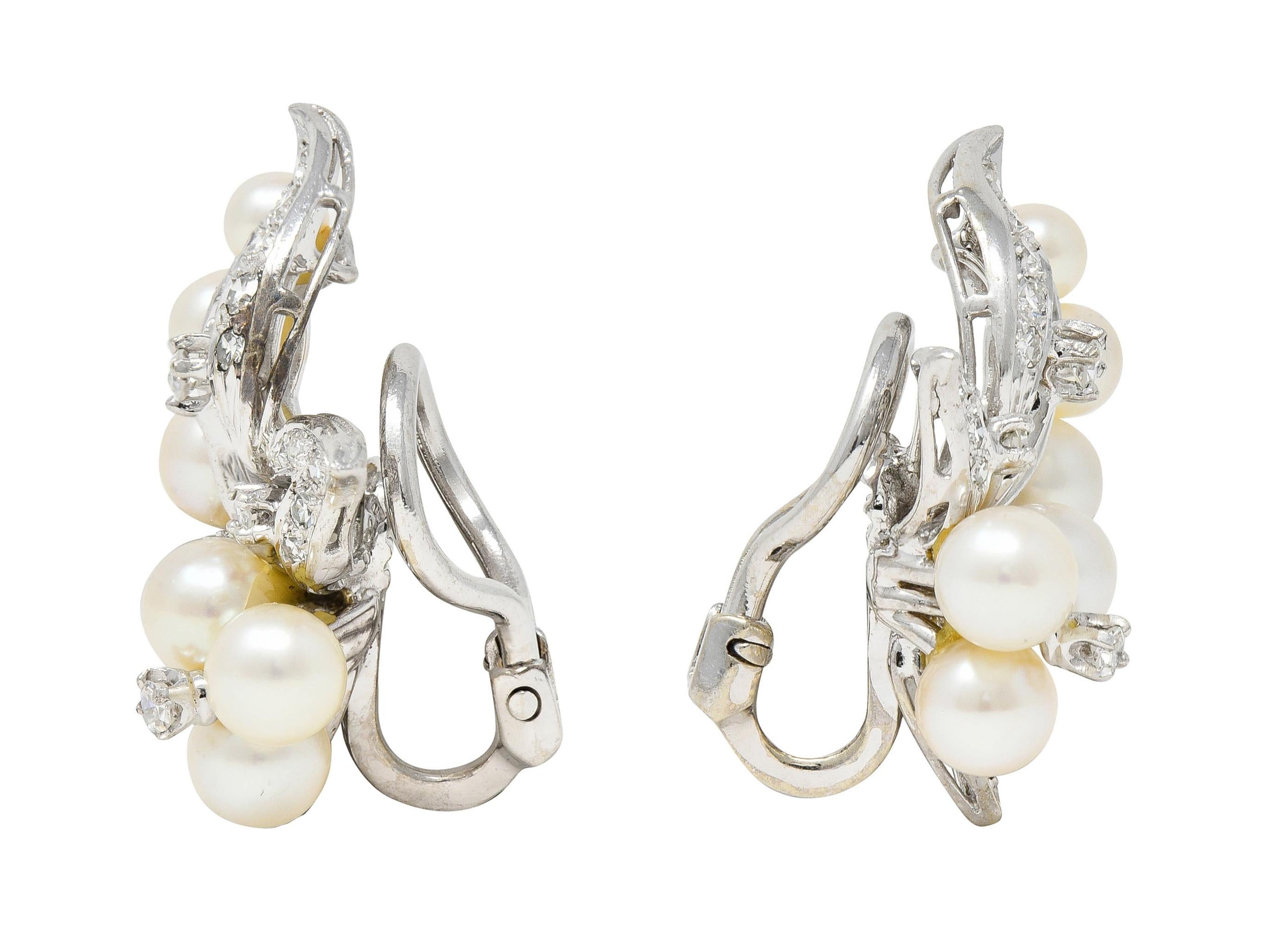 Mid-Century Diamond Pearl 14 Karat White Gold Vintage Foliate Ear-Clip Earrings