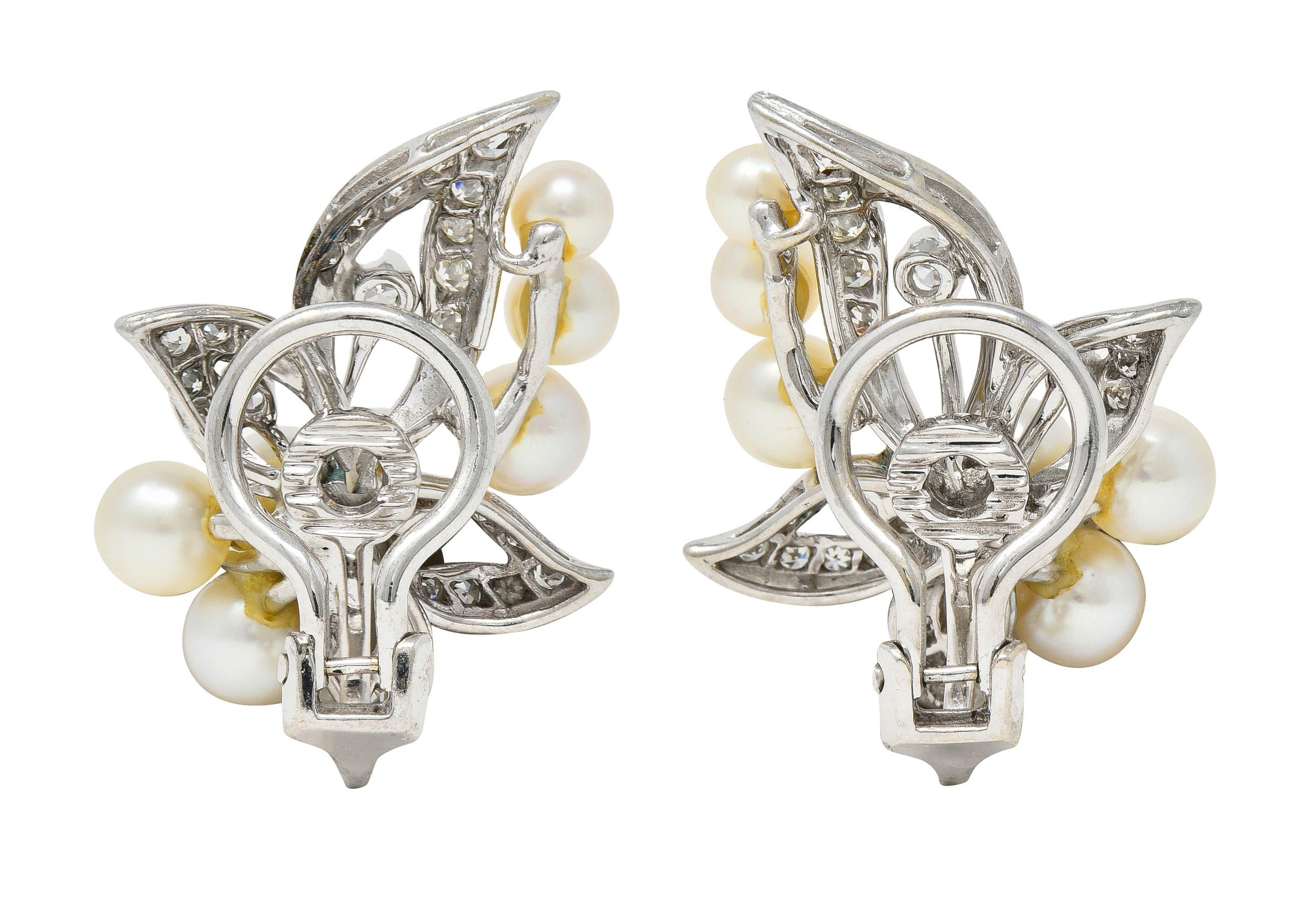 Mid-Century Diamond Pearl 14 Karat White Gold Vintage Foliate Ear-Clip Earrings