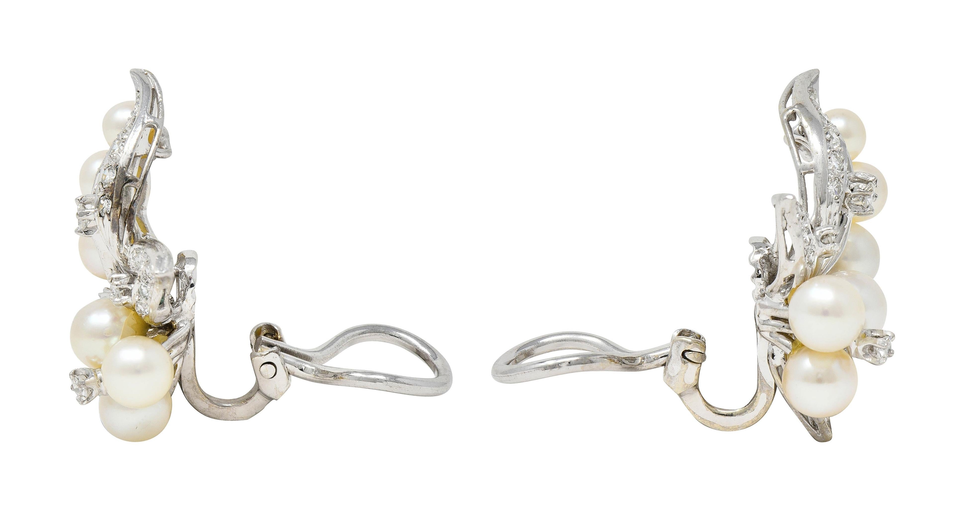 Mid-Century Diamond Pearl 14 Karat White Gold Vintage Foliate Ear-Clip Earrings