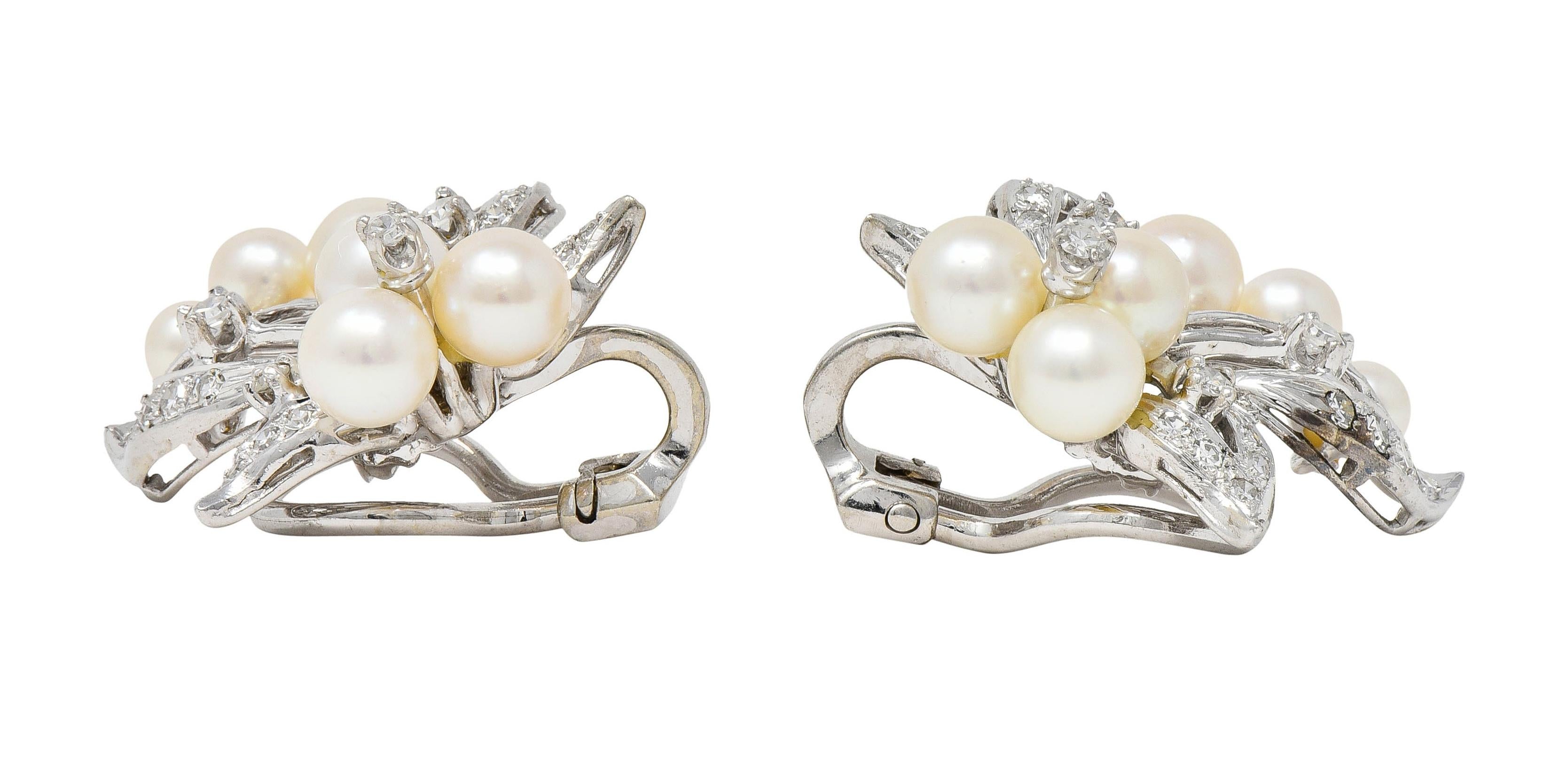 Mid-Century Diamond Pearl 14 Karat White Gold Vintage Foliate Ear-Clip Earrings