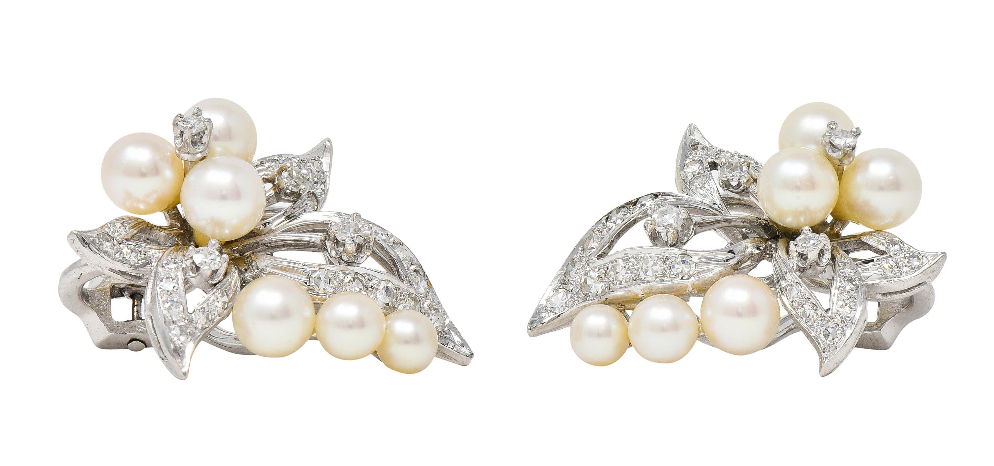 Mid-Century Diamond Pearl 14 Karat White Gold Vintage Foliate Ear-Clip Earrings