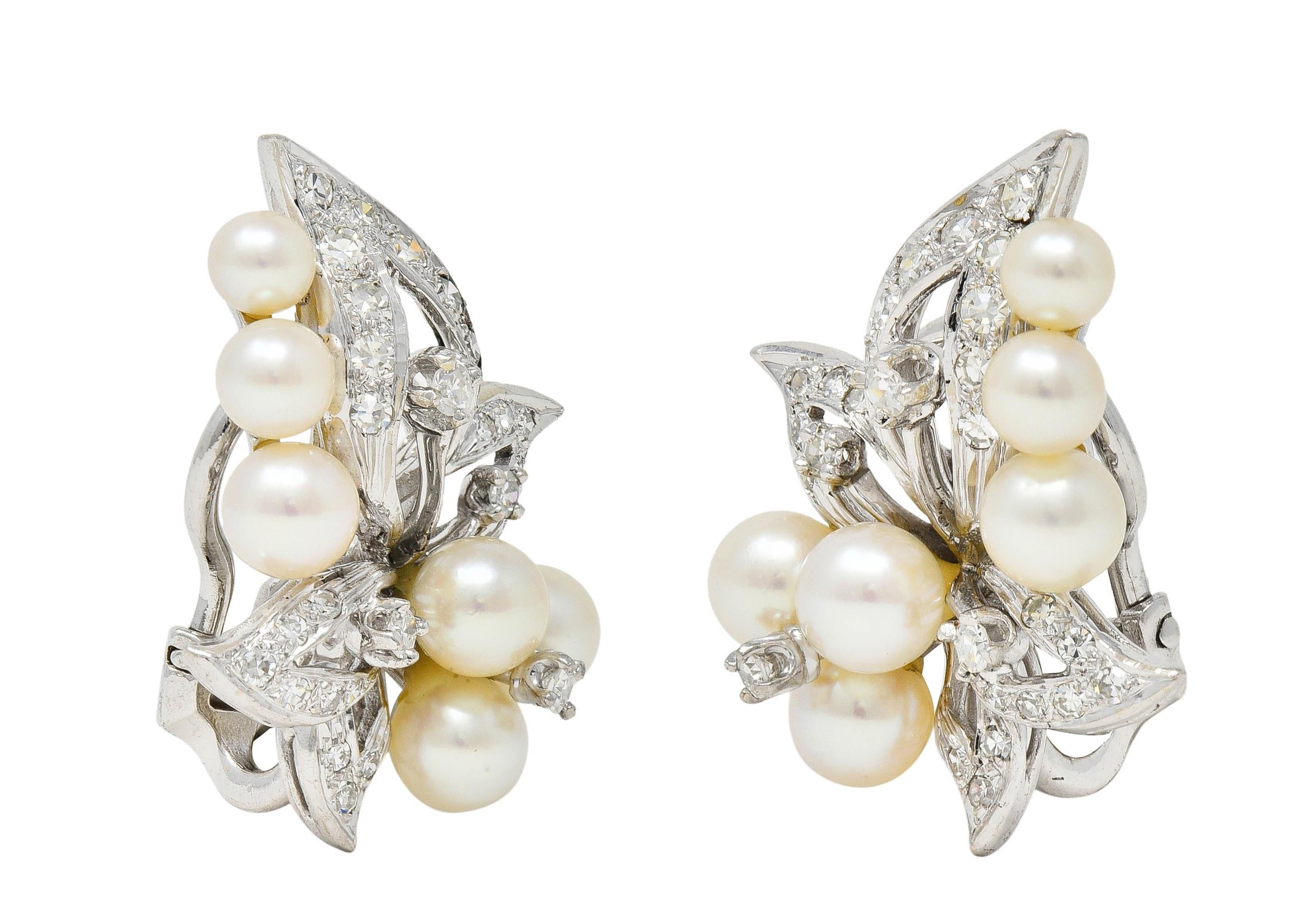 Mid-Century Diamond Pearl 14 Karat White Gold Vintage Foliate Ear-Clip Earrings